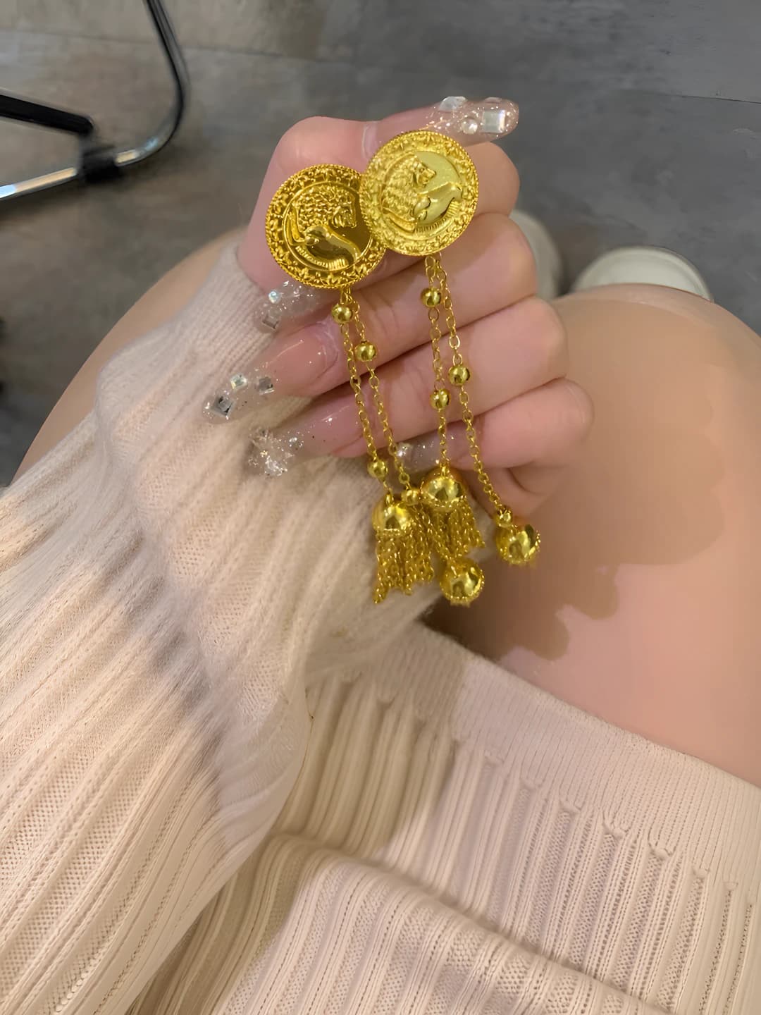 Women's 2026 coin tassel earrings, geometric shape, plastic and resin with 925 silver post, Korean style, mid-luxury