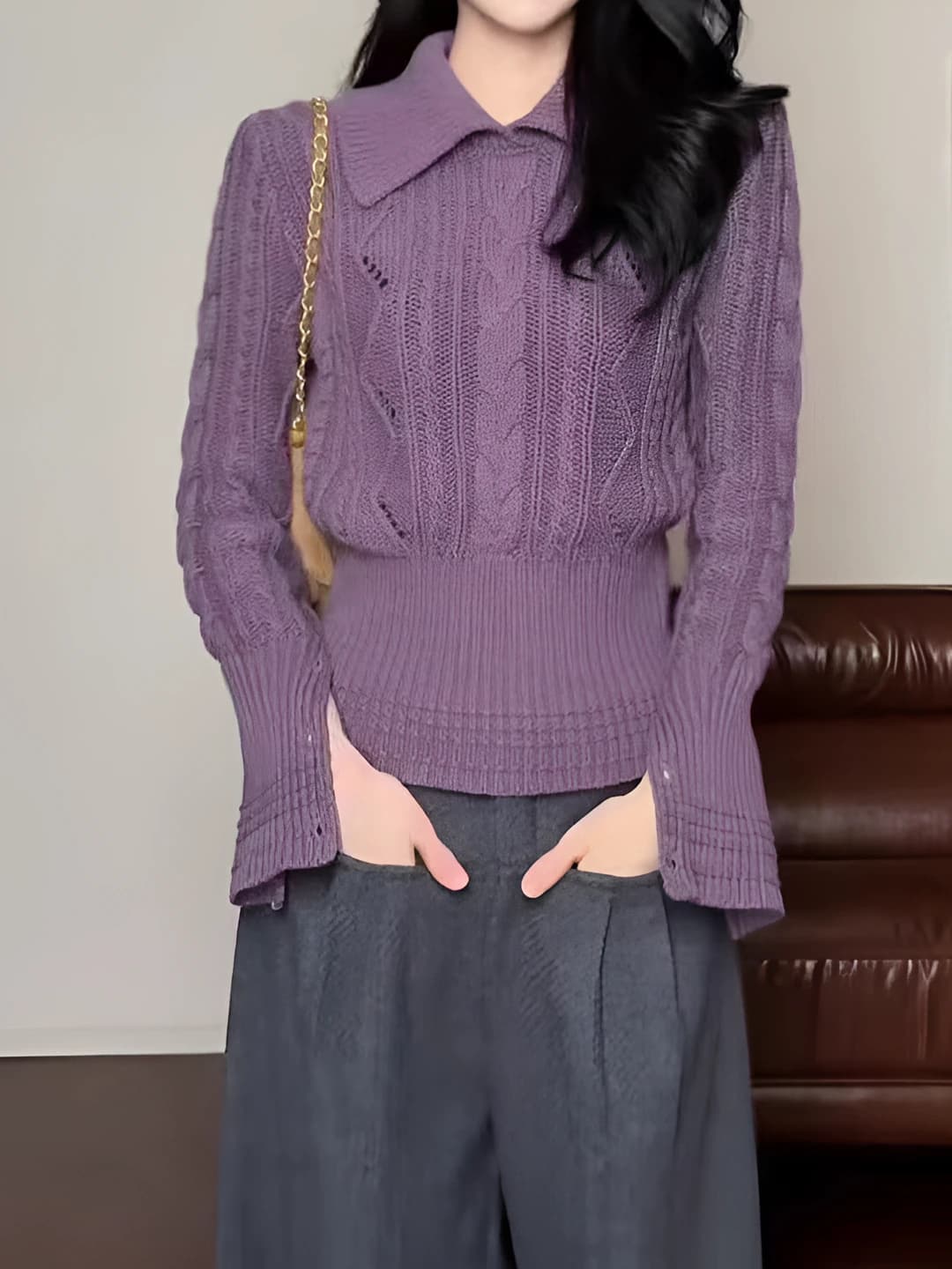 Women's 2026 autumn knit pullover sweater with lapel collar, cable knit, slim fit, slimming, cropped