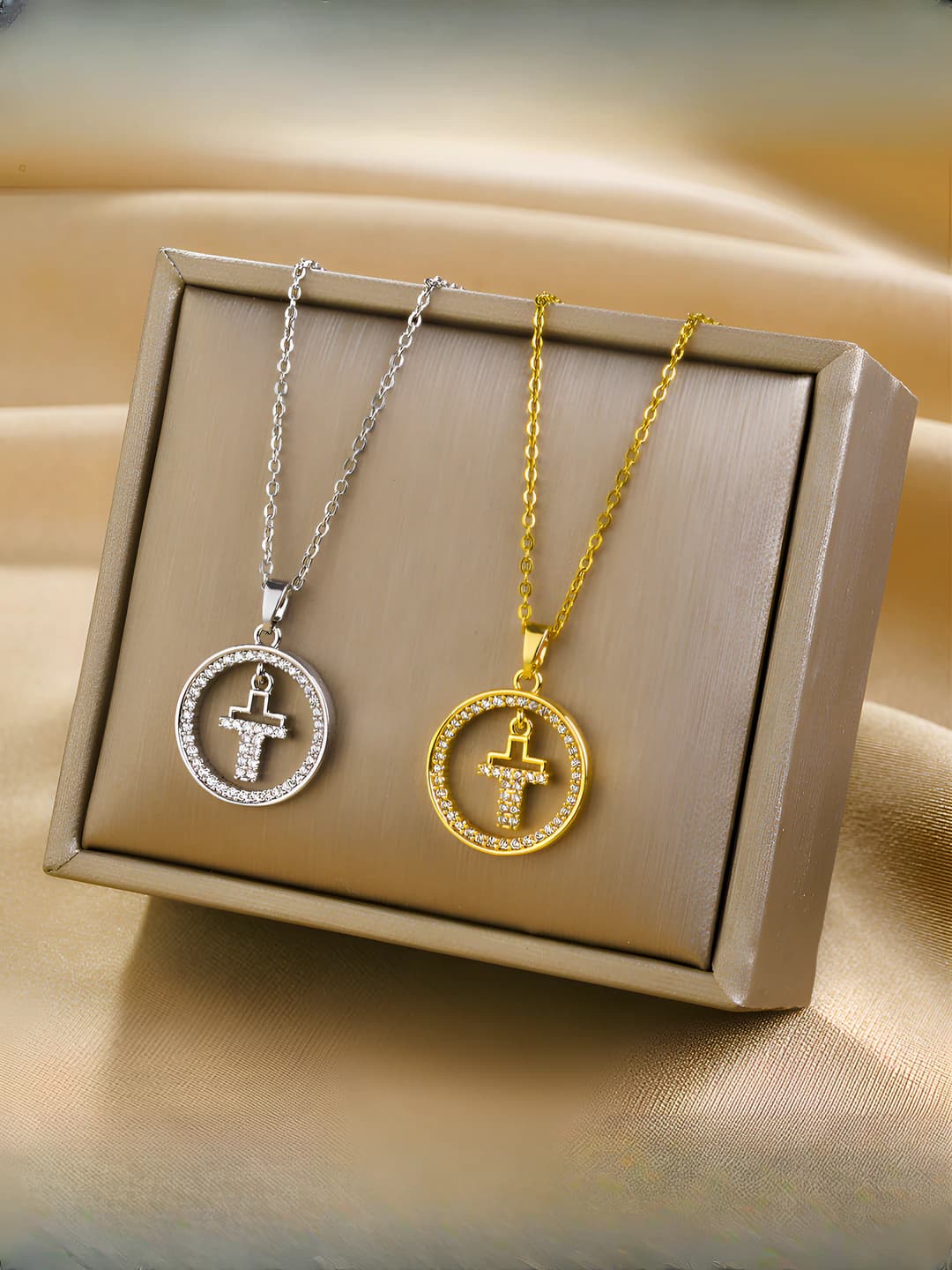 Women's titanium steel chain necklace with round cross and zirconia pendant