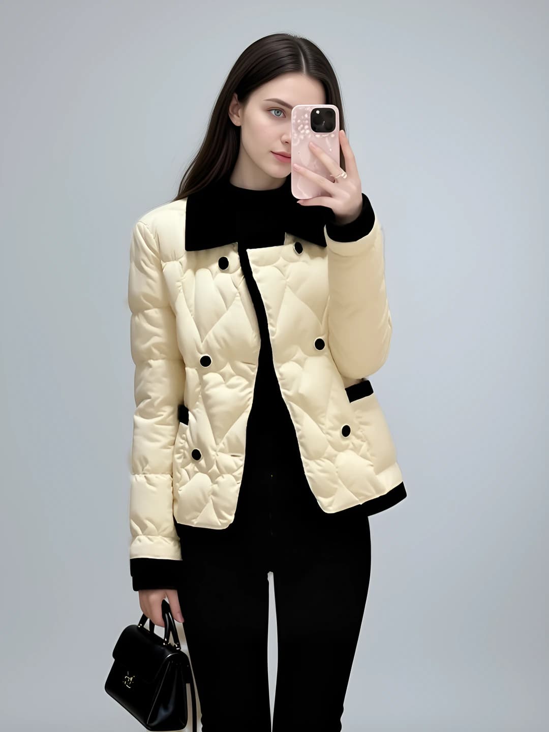 Women's thickened padded jacket with lapel collar, long sleeve, cropped, POLO collar, winter