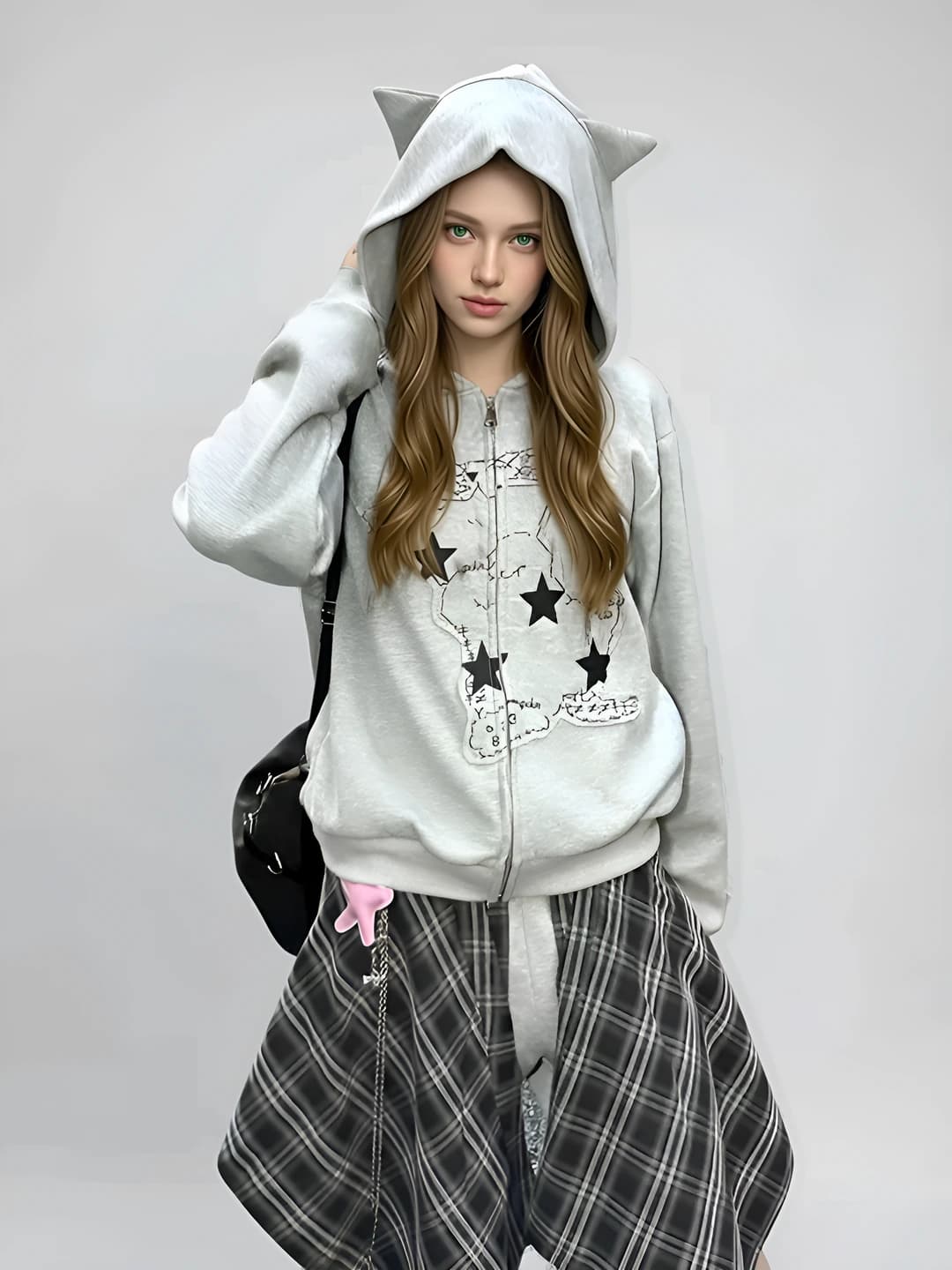 Women's Korean style grey waffle pattern hoodie with cat ears, zip closure, loose fit, long sleeve, casual top