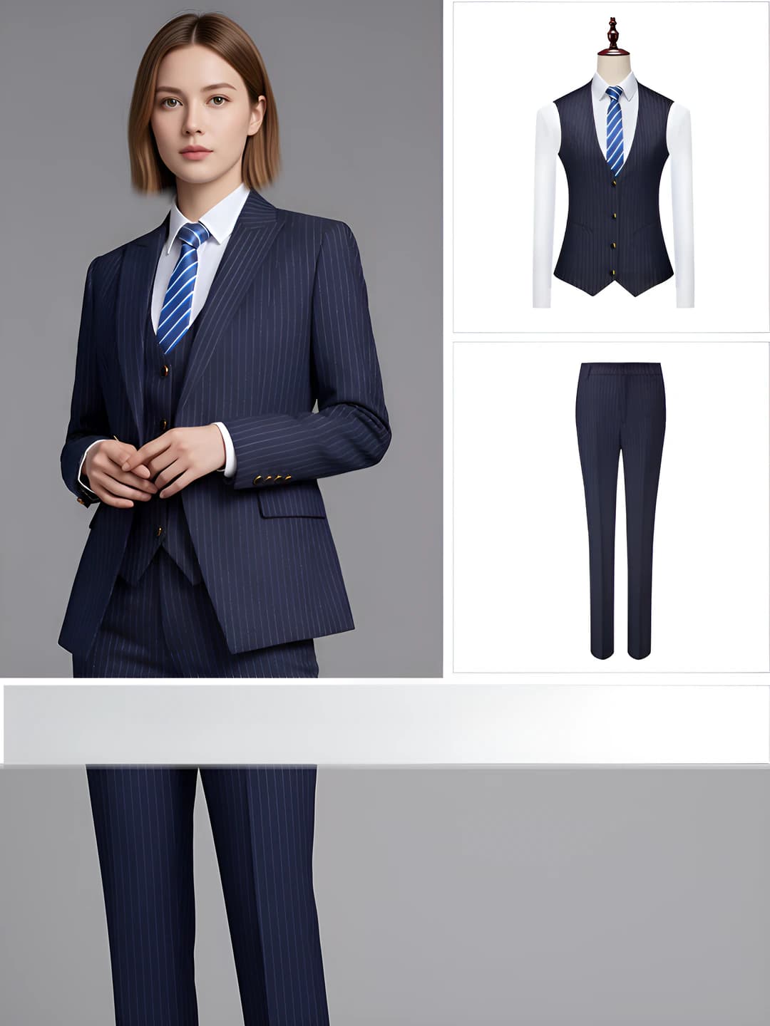 Women: Blue suit + vest + trousers
