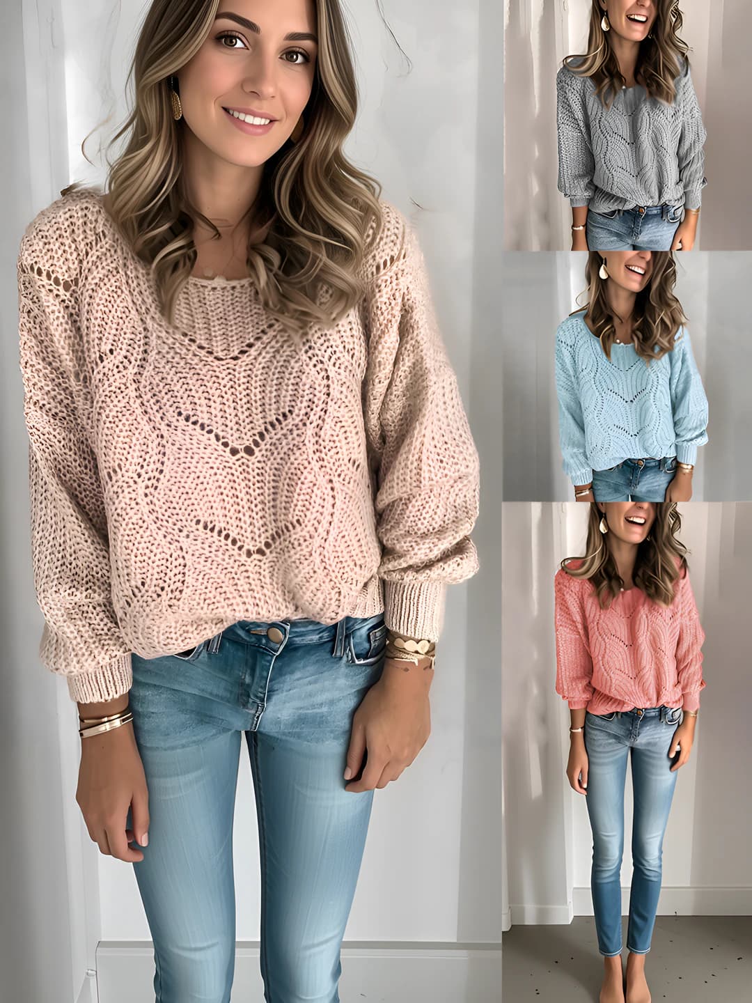 Women's knit sweater 2026 autumn-winter, solid colour, mohair, V-neck, long sleeve, loose fit, sleeve type: lantern, design element: openwork