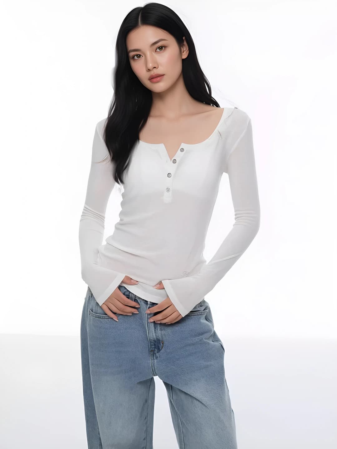 Women's long sleeve henley t-shirt, slim fit, slimming, solid colour, spring-autumn