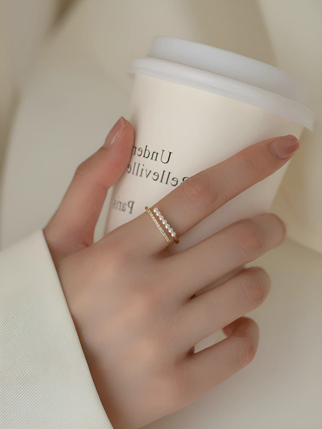 Women's open ring in Korean style: copper, pearl and zircon, geometric shape, luxury style