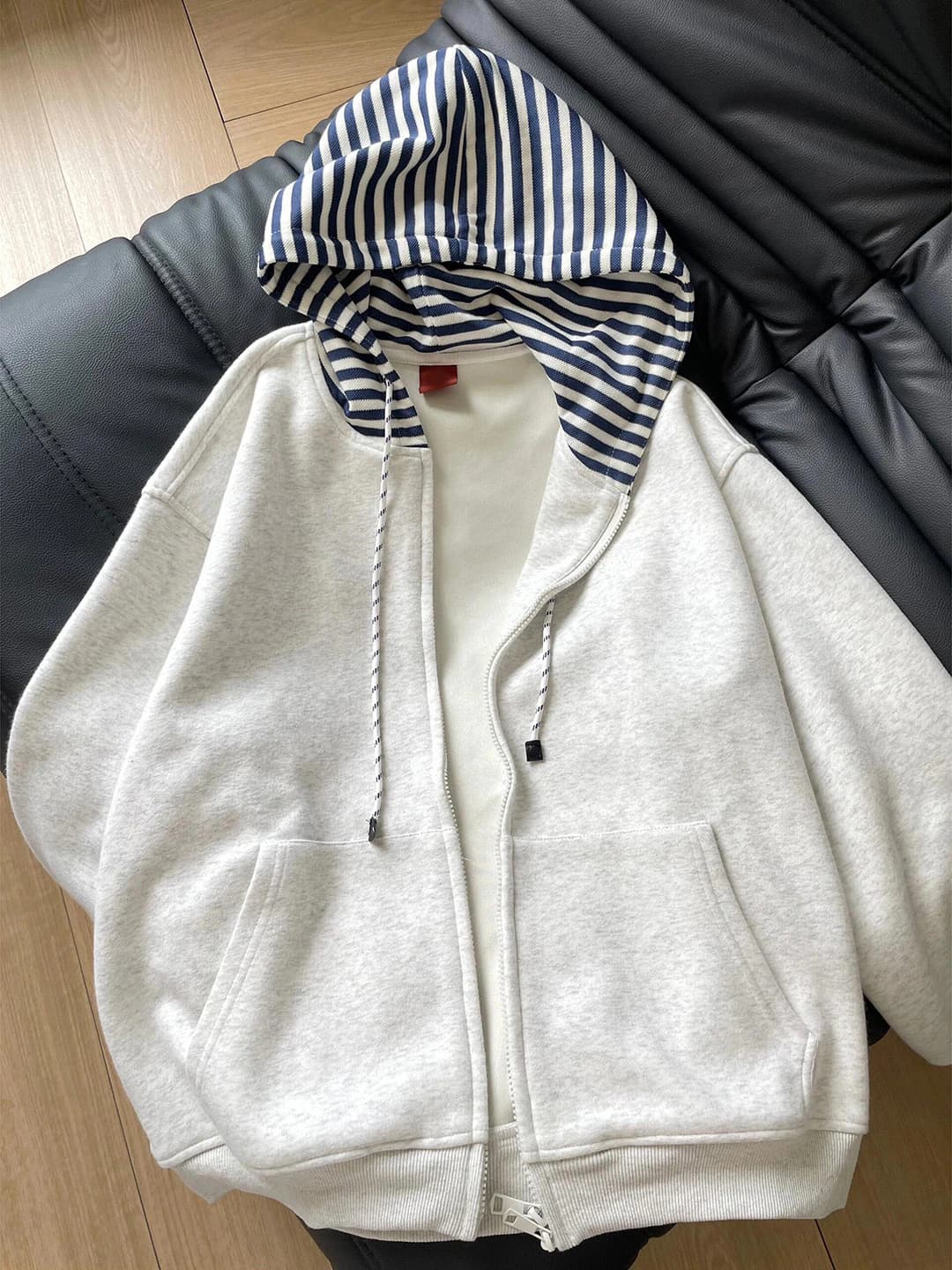 Women's fleece-lined striped zip-up hoodie, plus size, loose fit, autumn-winter 2026