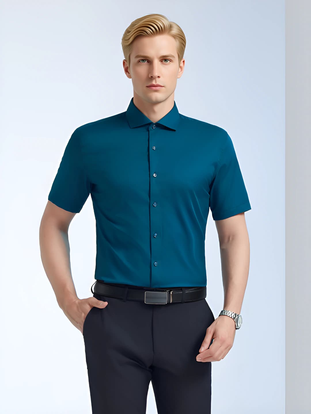 Men's dark green short-sleeved shirt