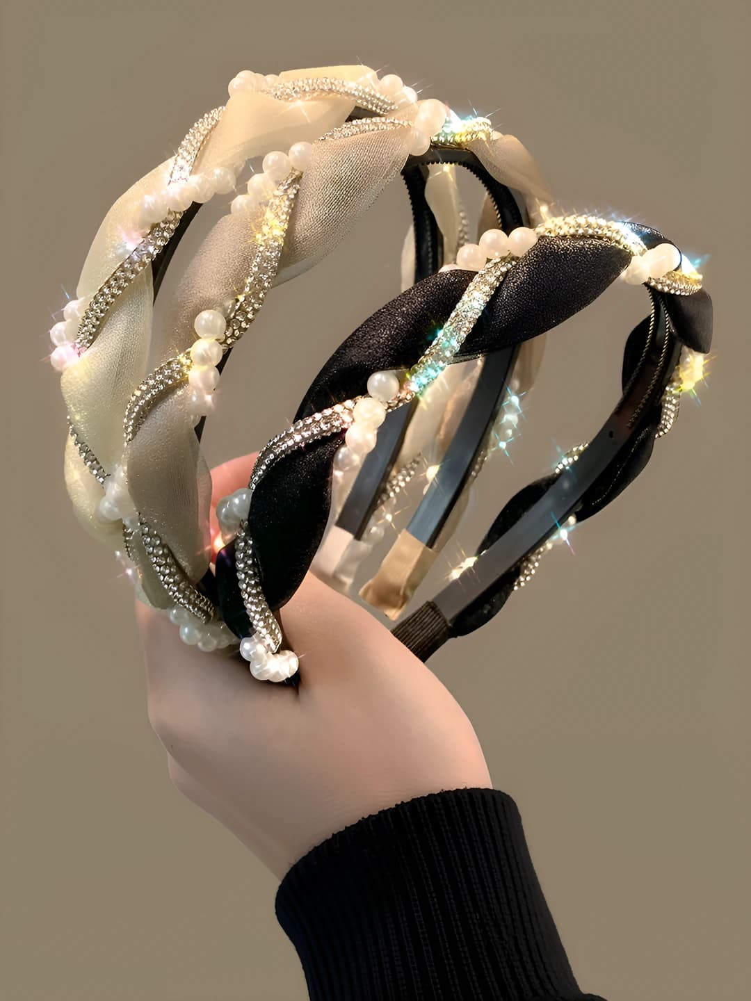 Women's pearl and rhinestone headband in Korean style, black, 2026
