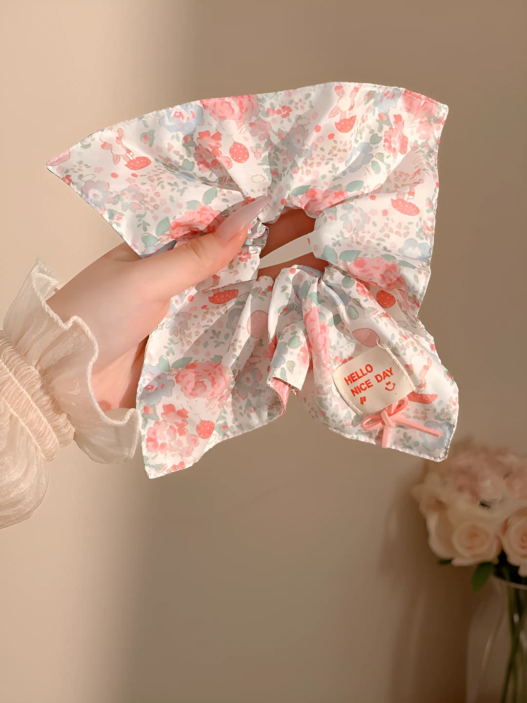 3# Pink floral square scarf ring ~21*22 cm