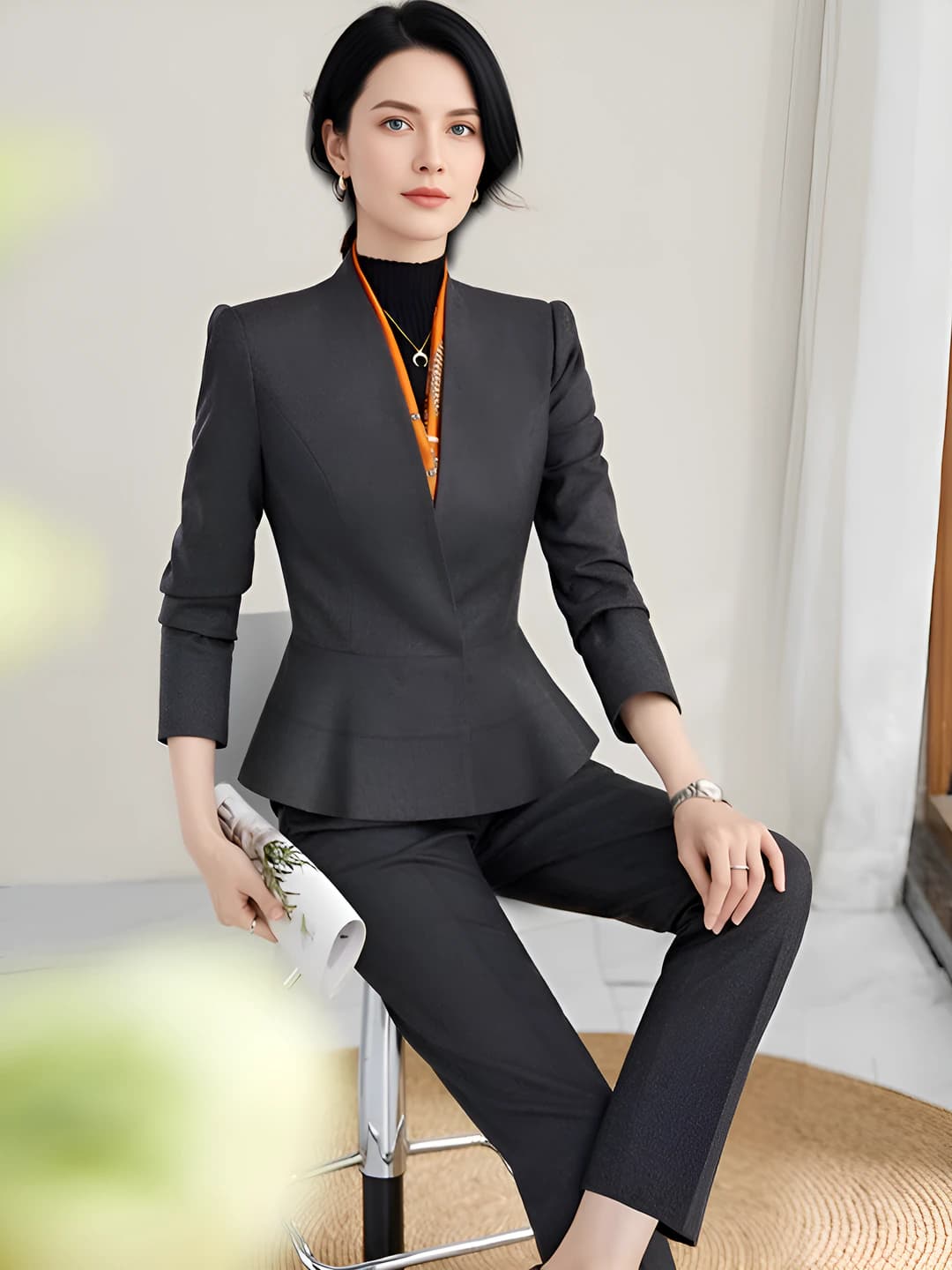 Women's suit set with trousers for autumn-winter: thickened, long sleeve, OL style workwear