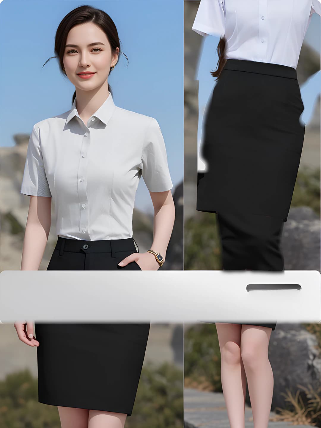 Women's short sleeve, grey houndstooth + black skirt