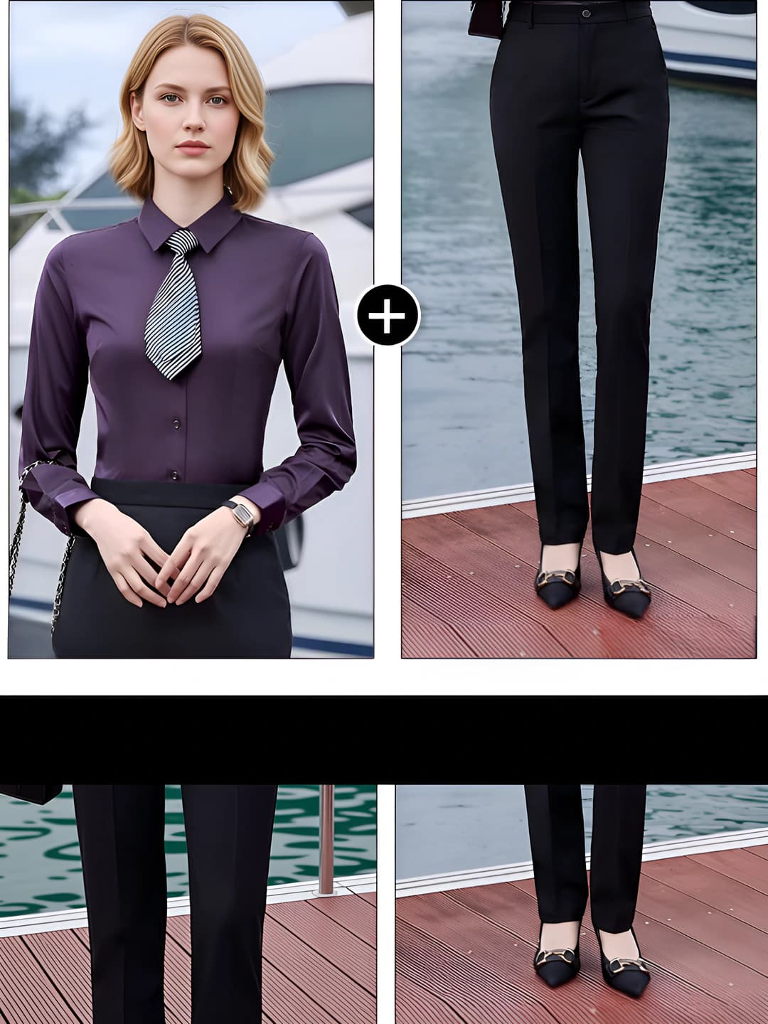 Long-sleeve purple shirt + black pants