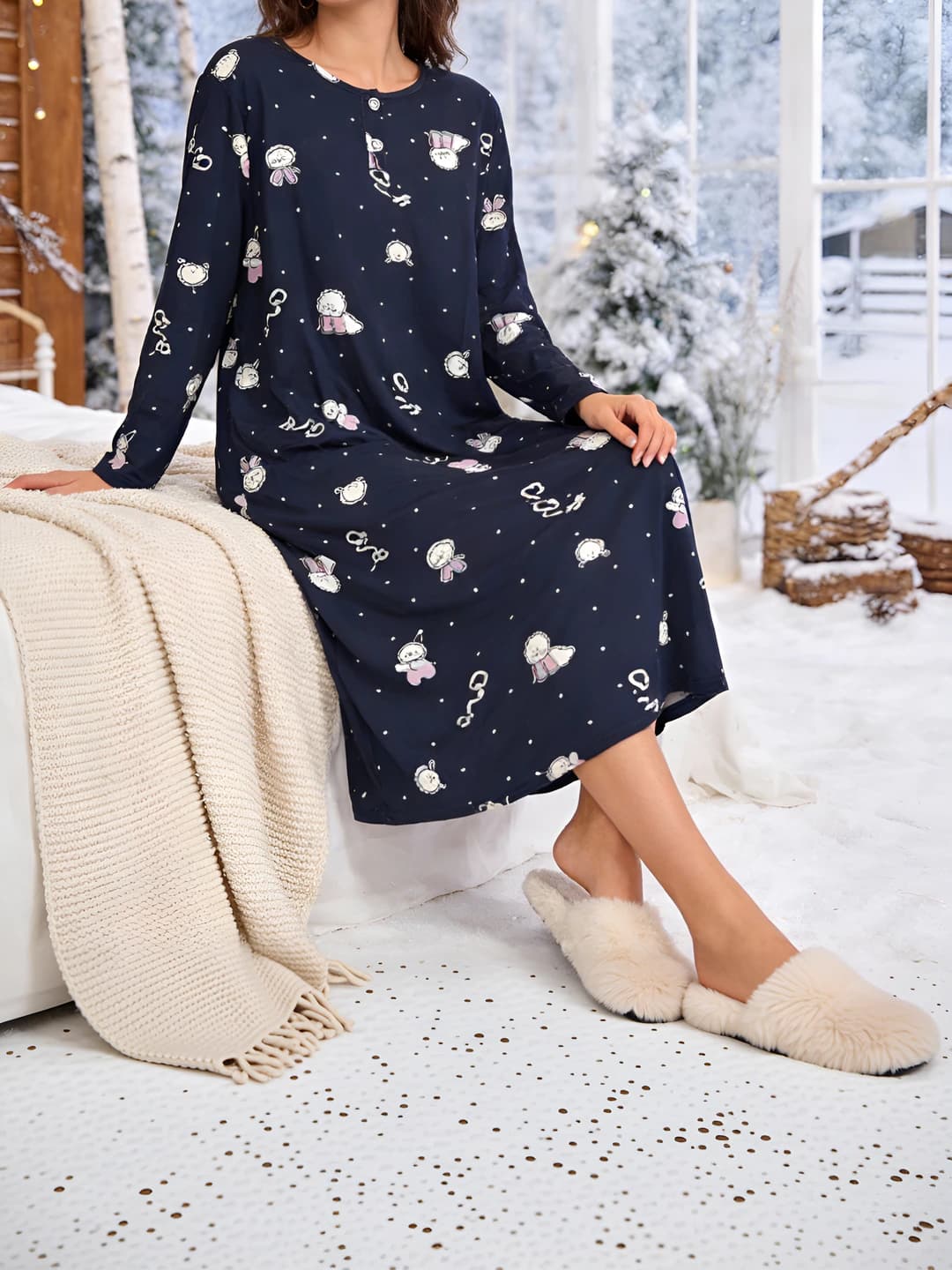Women's mid-length nightgown in Korean style, milk silk, crew neck, elbow-length sleeve, loose fit, summer, spring, autumn