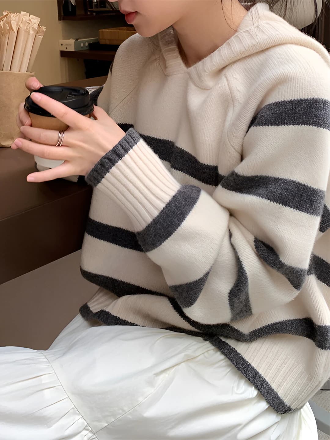 Women's autumn-winter striped knit top, loose fit, hooded, long sleeve, casual style, thick fabric