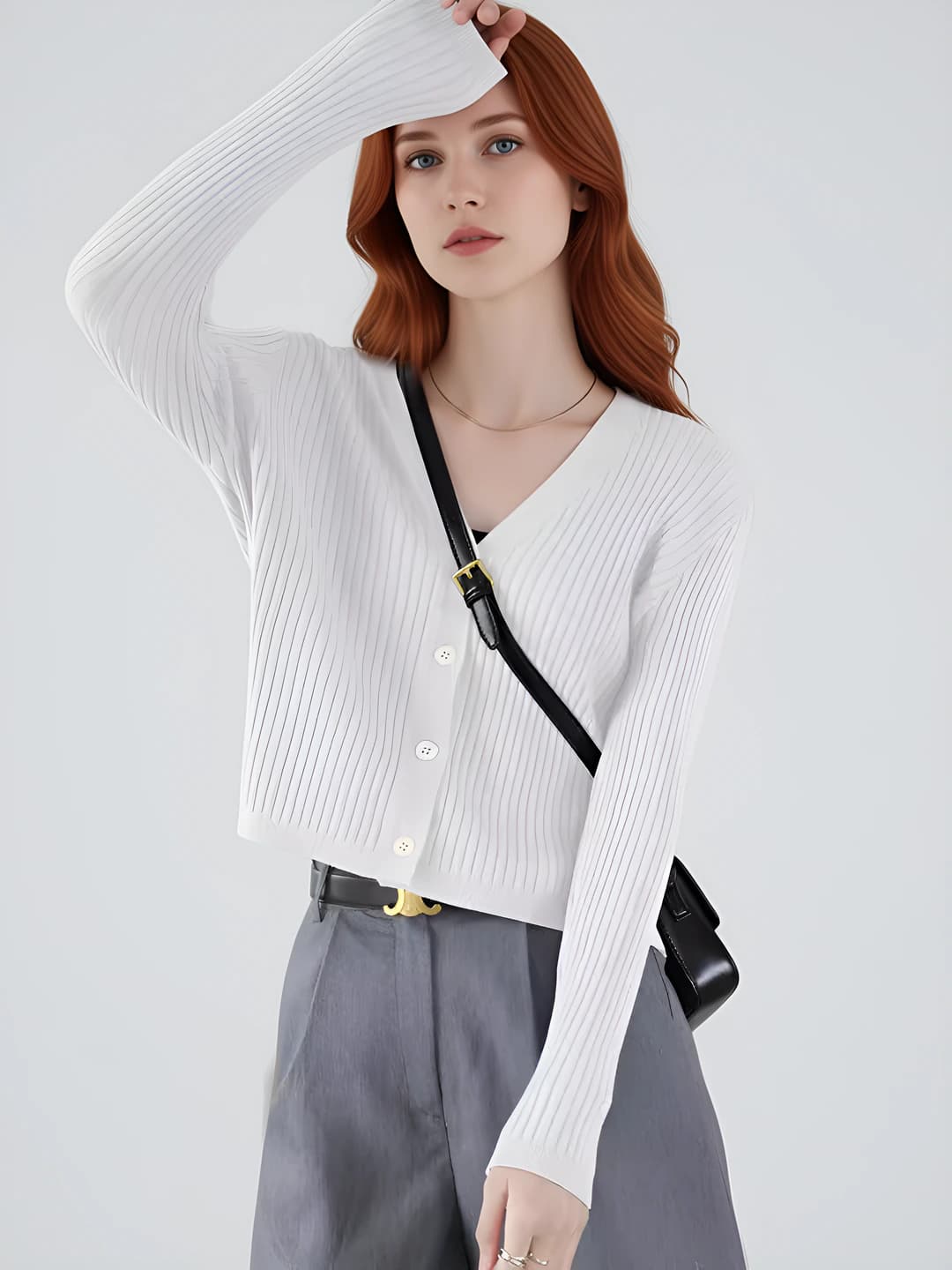 Women's 2026 spring-autumn V-neck long sleeve short cardigan, slim fit, macaron color