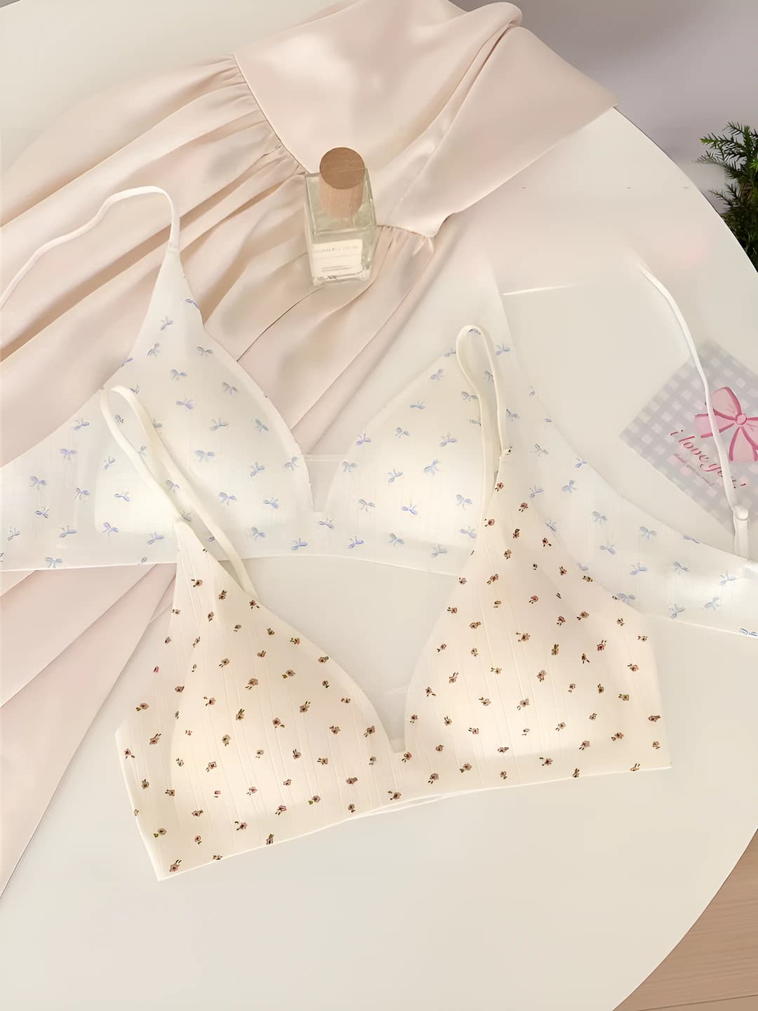 Women's all-season bra, wire-free, triangle cups, silk straps, beautiful back design