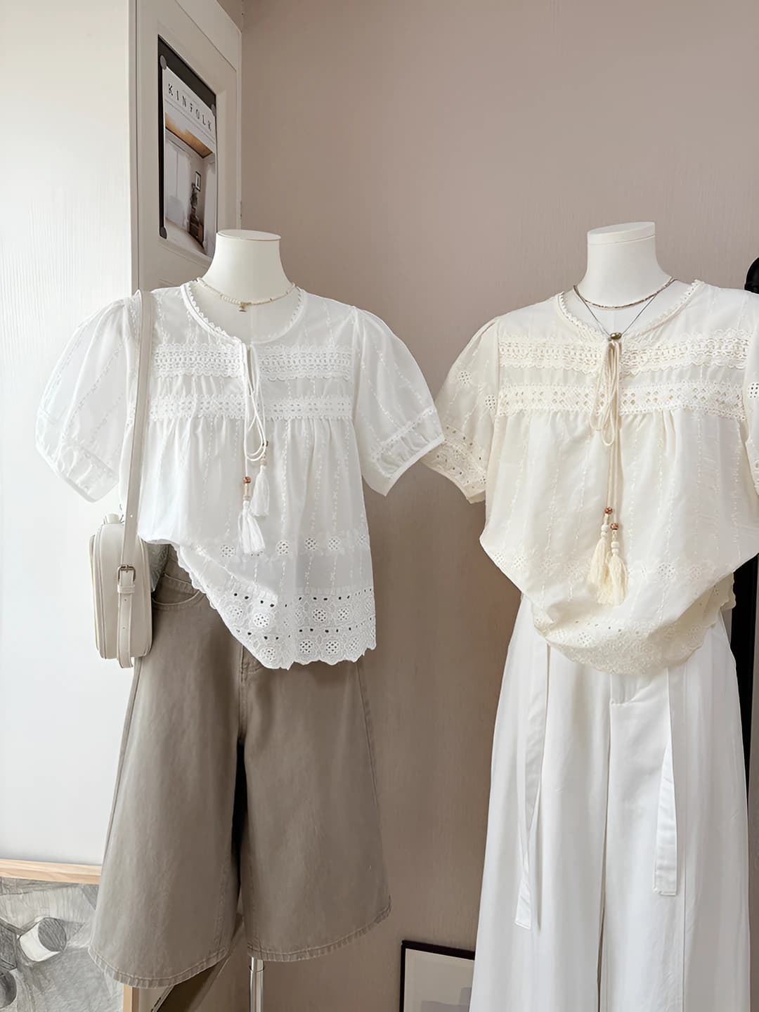 Women's 2026 summer Korean style jacquard cut-out sweet age-reducing puff sleeve blouse