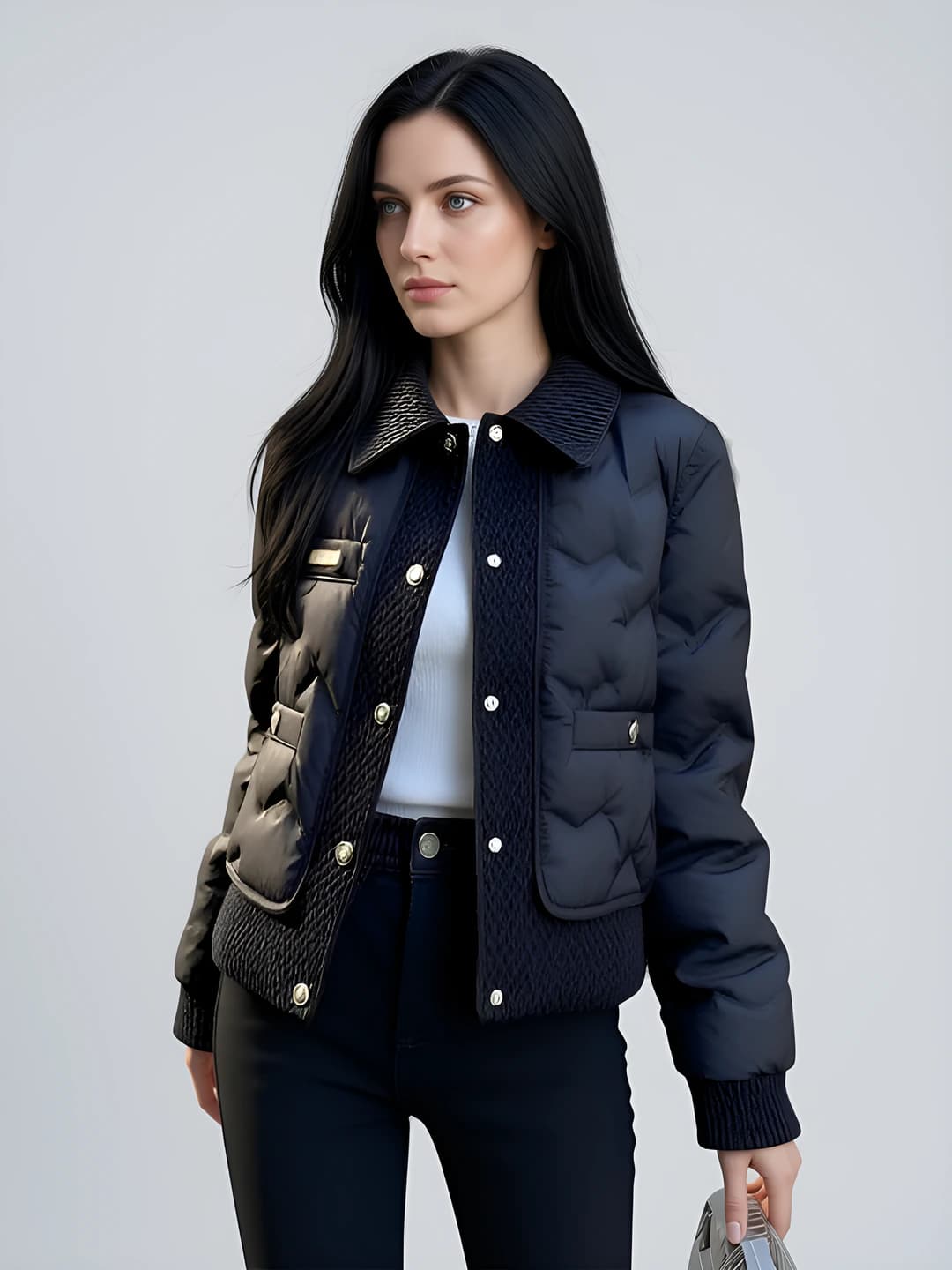 Women's black padded winter jacket, autumn-winter, thickened, petite, POLO collar, long sleeve, cropped