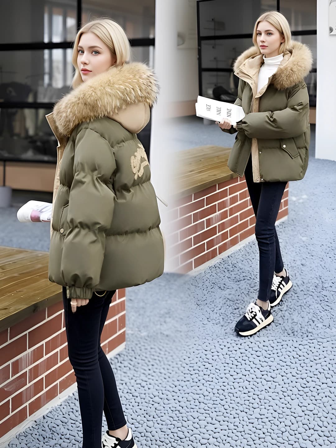 Women's winter down jacket: down-alternative fill, thickened, loose fit, cropped, petite, zip, POLO collar