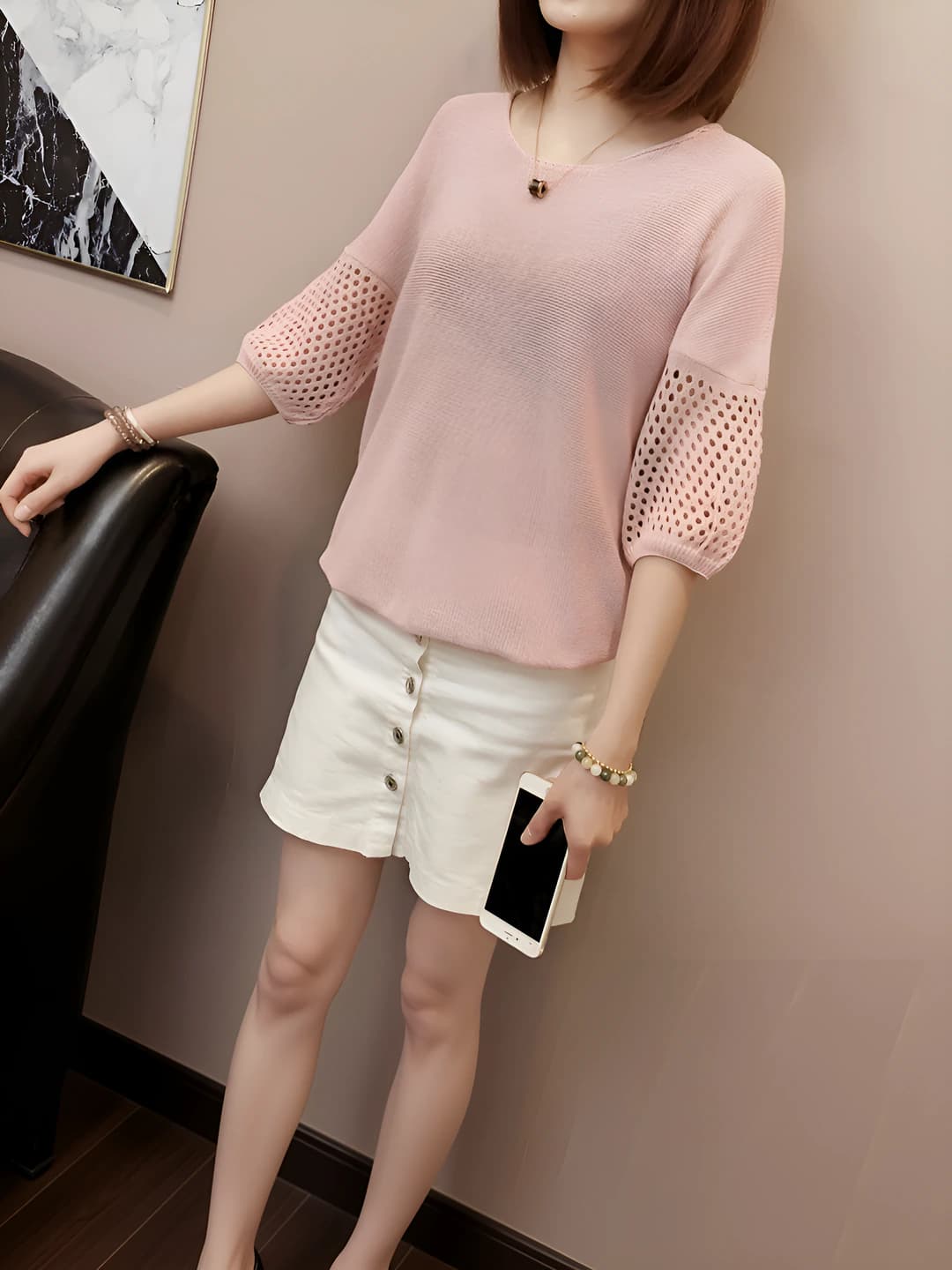 Women's spring-autumn Korean style loose fit short sleeve slimming crew neck solid colour knit top