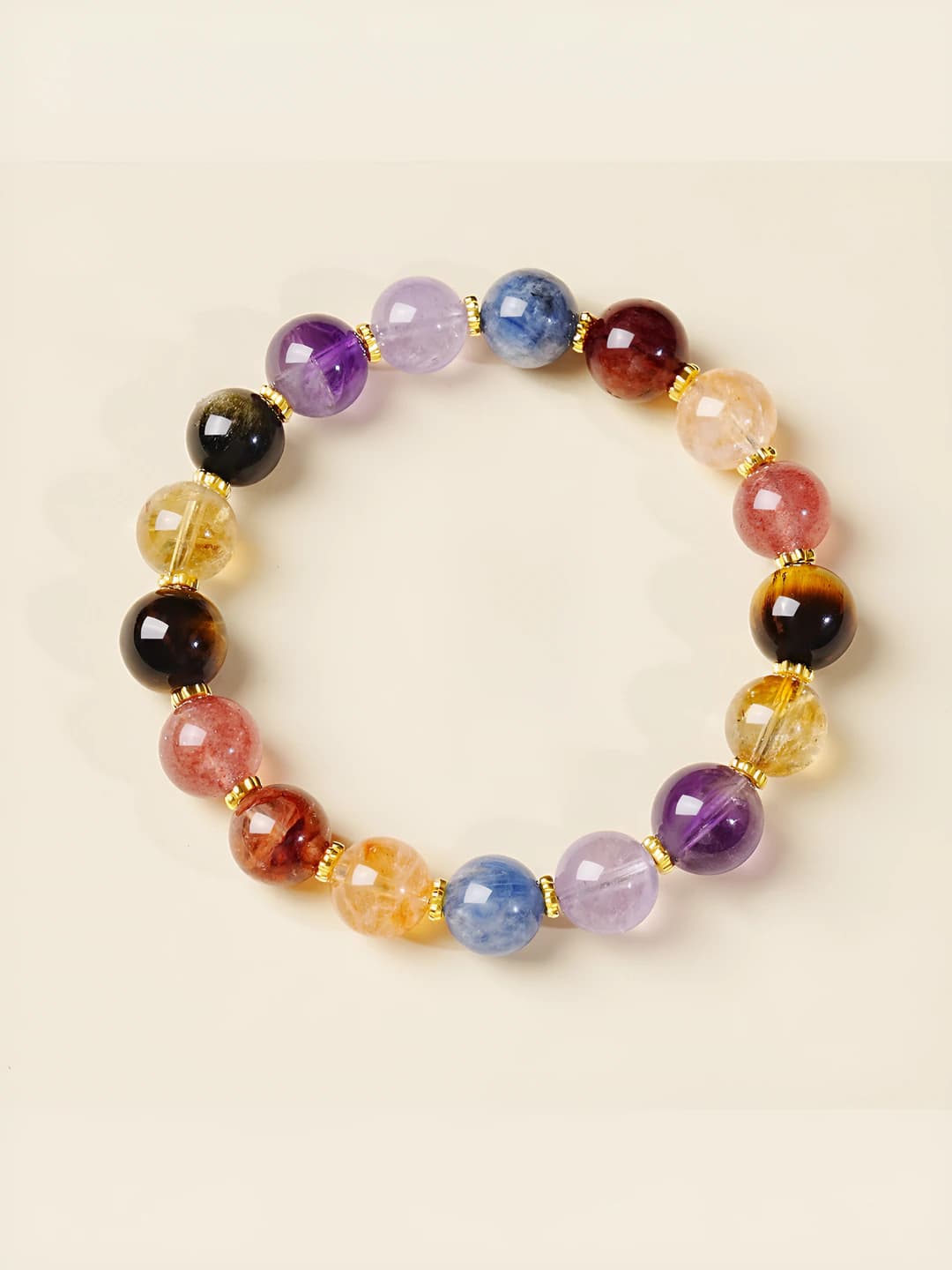 Women's natural multi-gem crystal bracelet: amethyst, citrine, quartz, tiger eye and gold obsidian