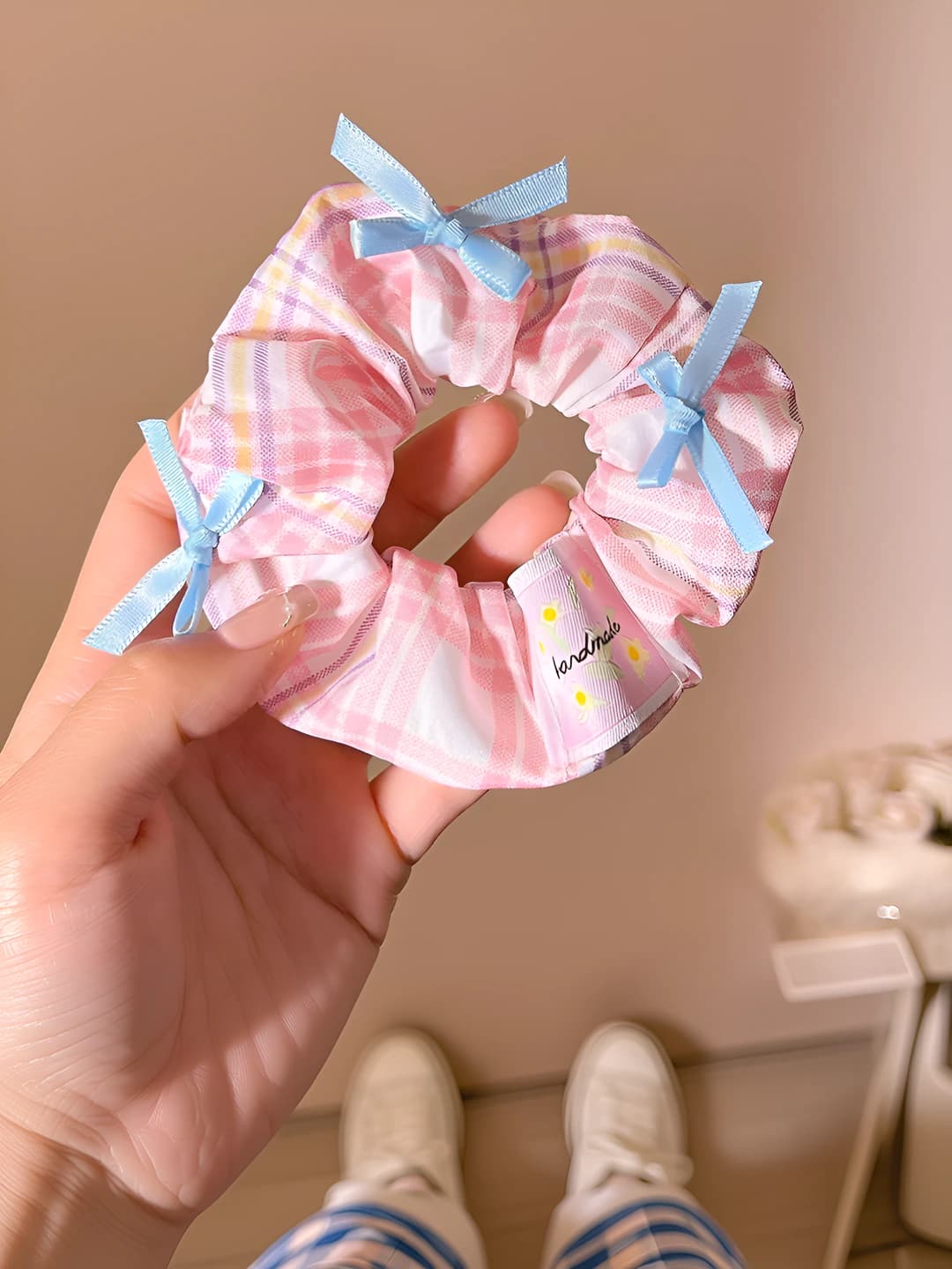 Розовая клетка, бант, 11 см