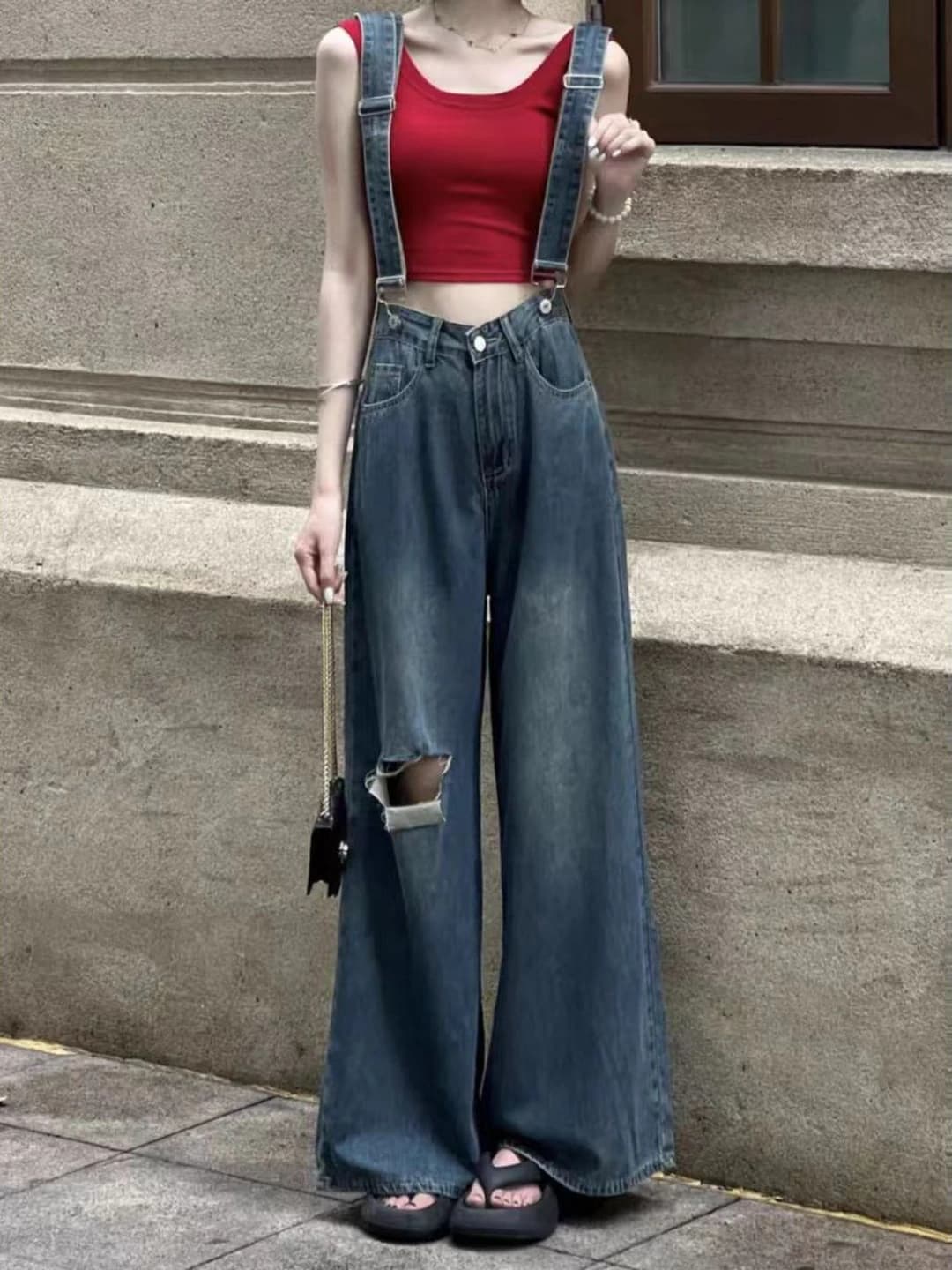 Women's summer high waist slimming straight cut wide and flared jeans, distressed overalls
