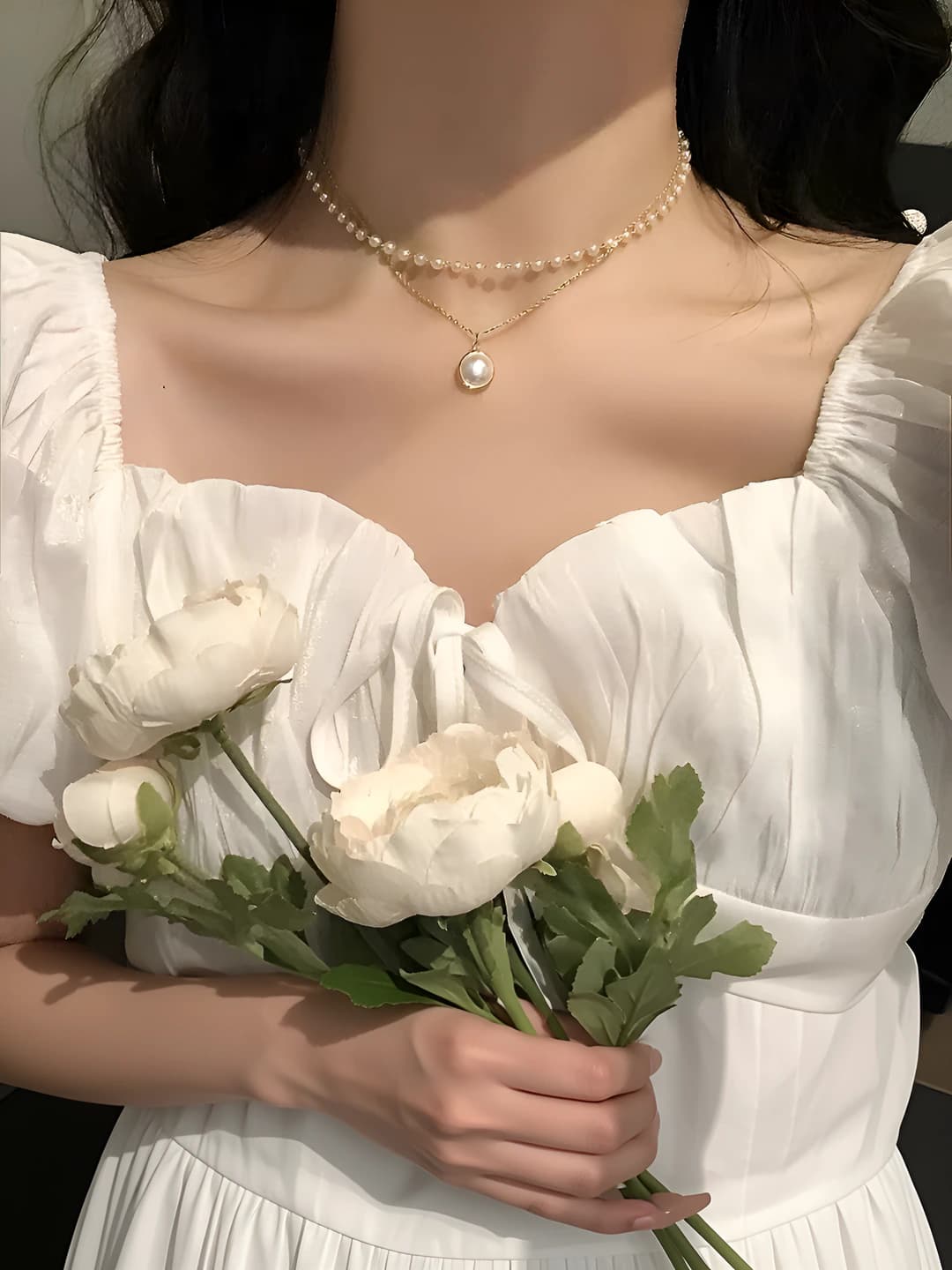 Retro style women's two-layer pearl necklace