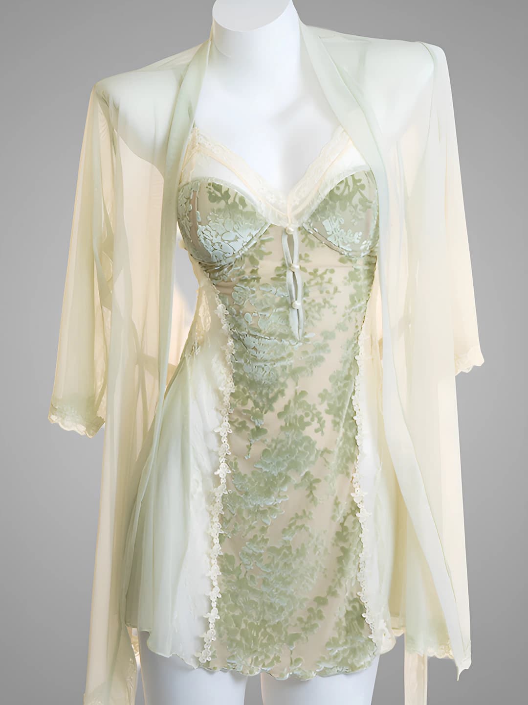 Women's home set: V-neck, three-quarter sleeve, thin, stretch, breathable, all-season, casual style nightgown and sheer robe