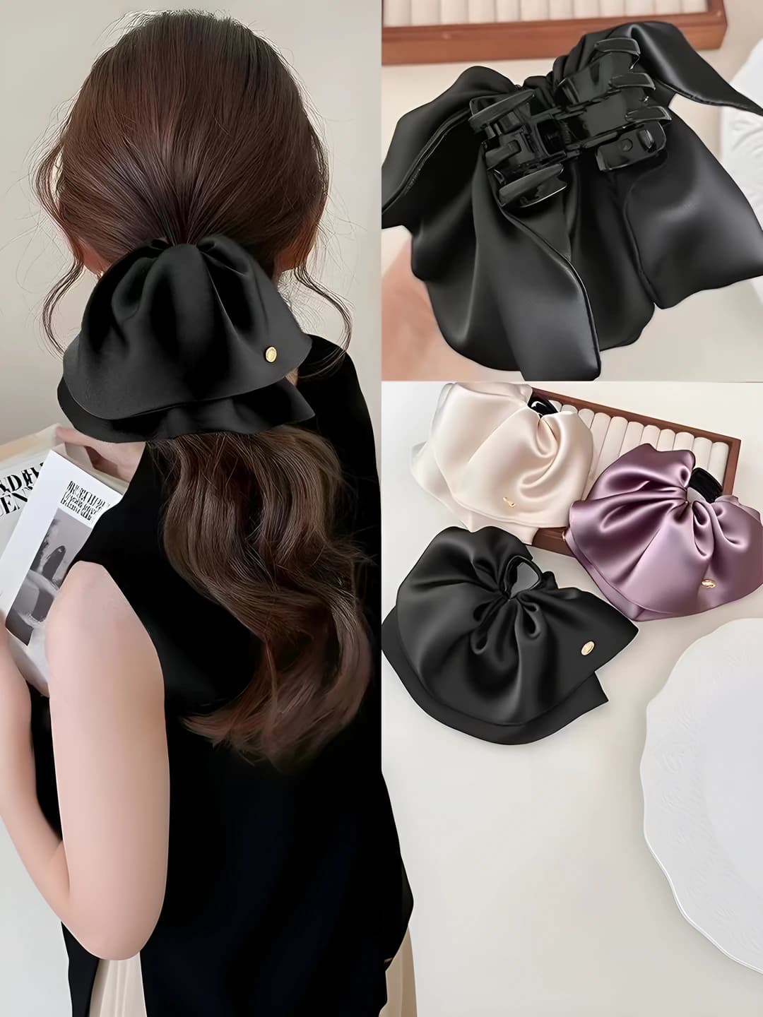 Women's satin bow claw hair clip, black, french retro style