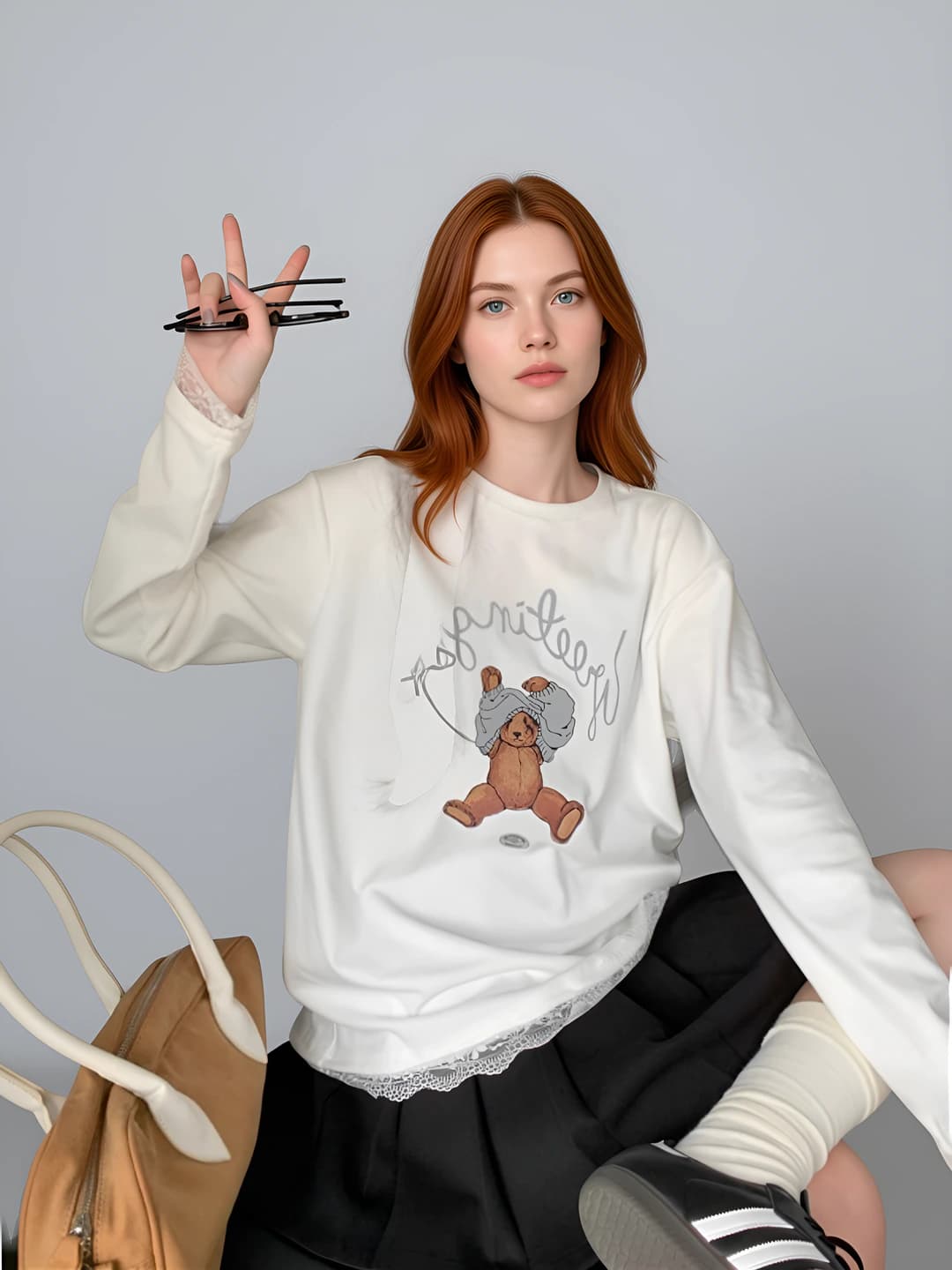 Women's long-sleeve t-shirt in Korean style with lace, 2026 autumn printed, loose fit, crew neck, casual long-sleeve base top