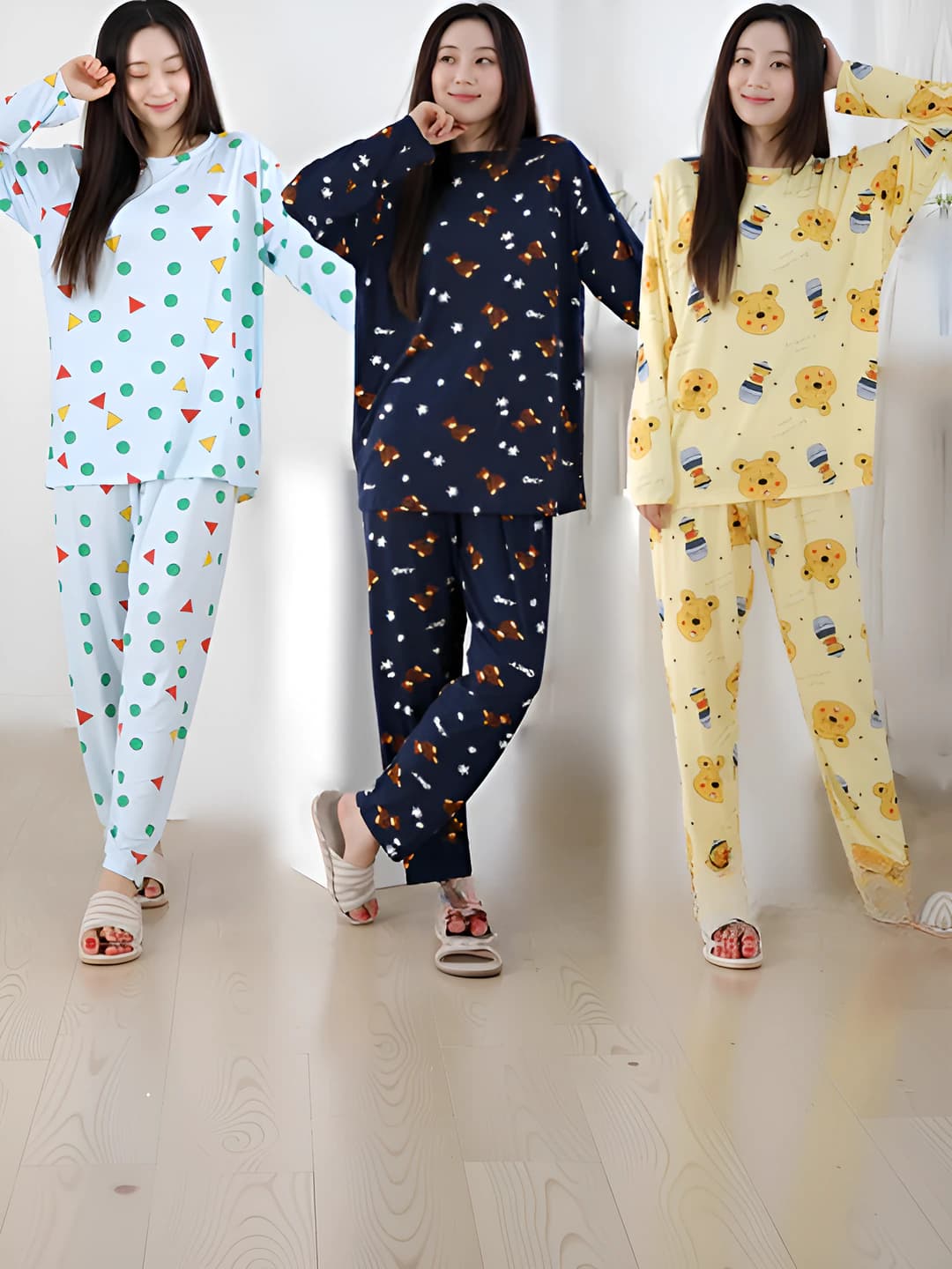 Ayollar uchun pijama to'plami: elastik, bo'sh (oversize), dumaloq yoqa, uzun yeng, uzun shim, to'rt mavsum, uy kiyimi