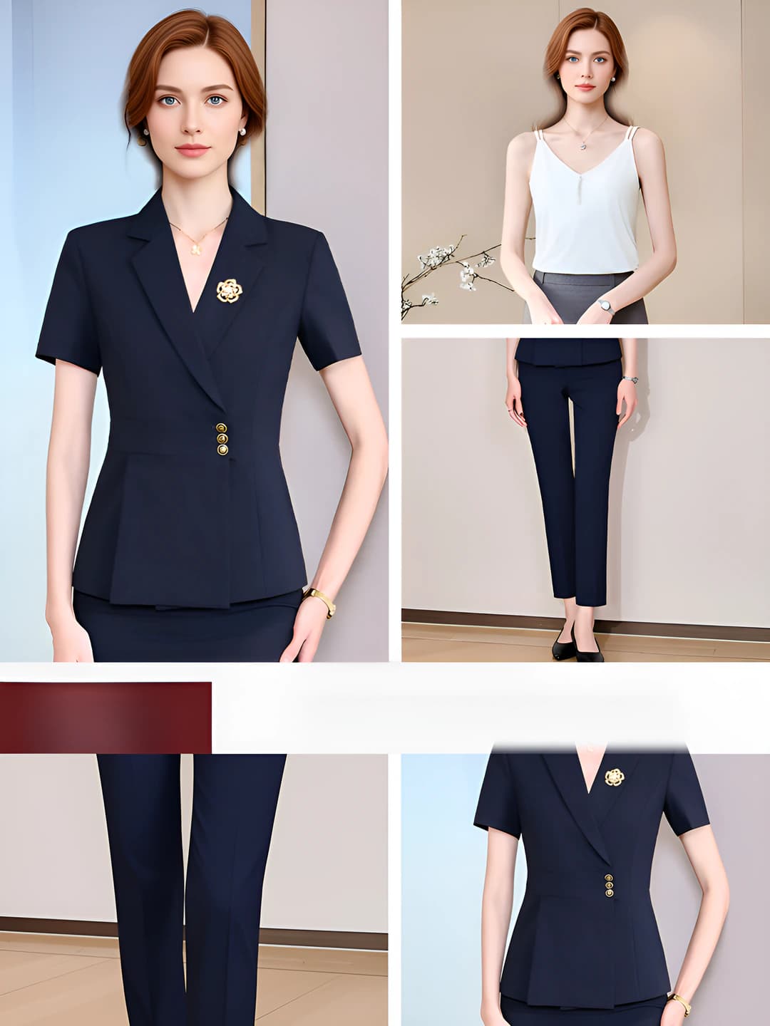 Navy short-sleeve suit + white camisole + navy trousers