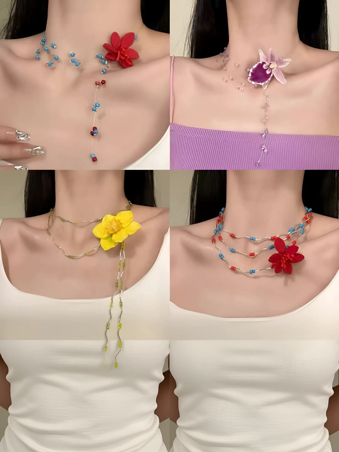 Women's spring colorful flower beaded geometric fringe necklace