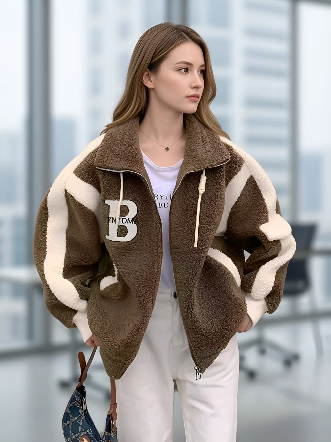 Women's fleece-lined thickened loose fit sweatshirt, stand collar, zip, Korean style, autumn-winter