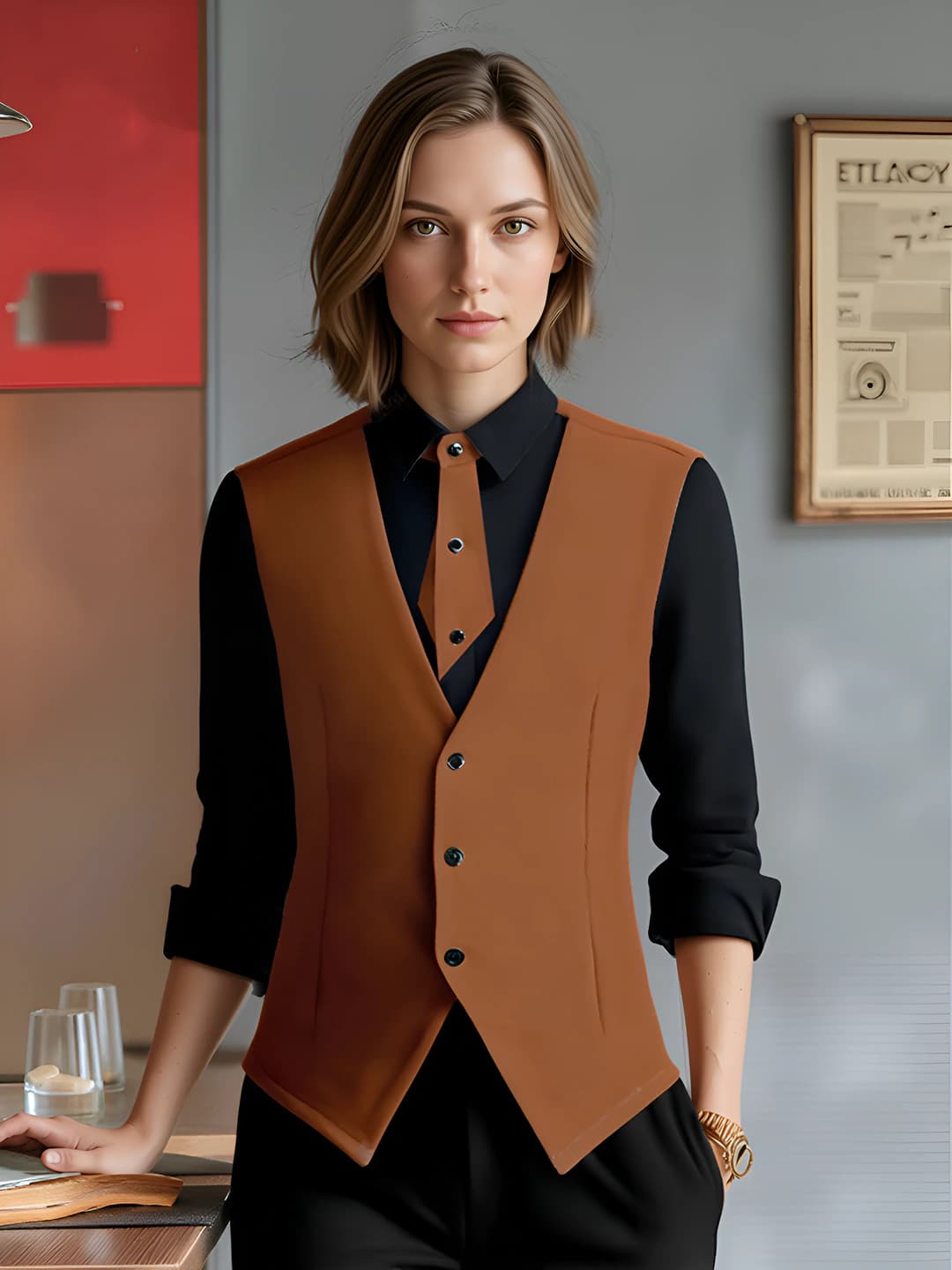 Women's classic vest: stand collar, polyester fabric, autumn-winter