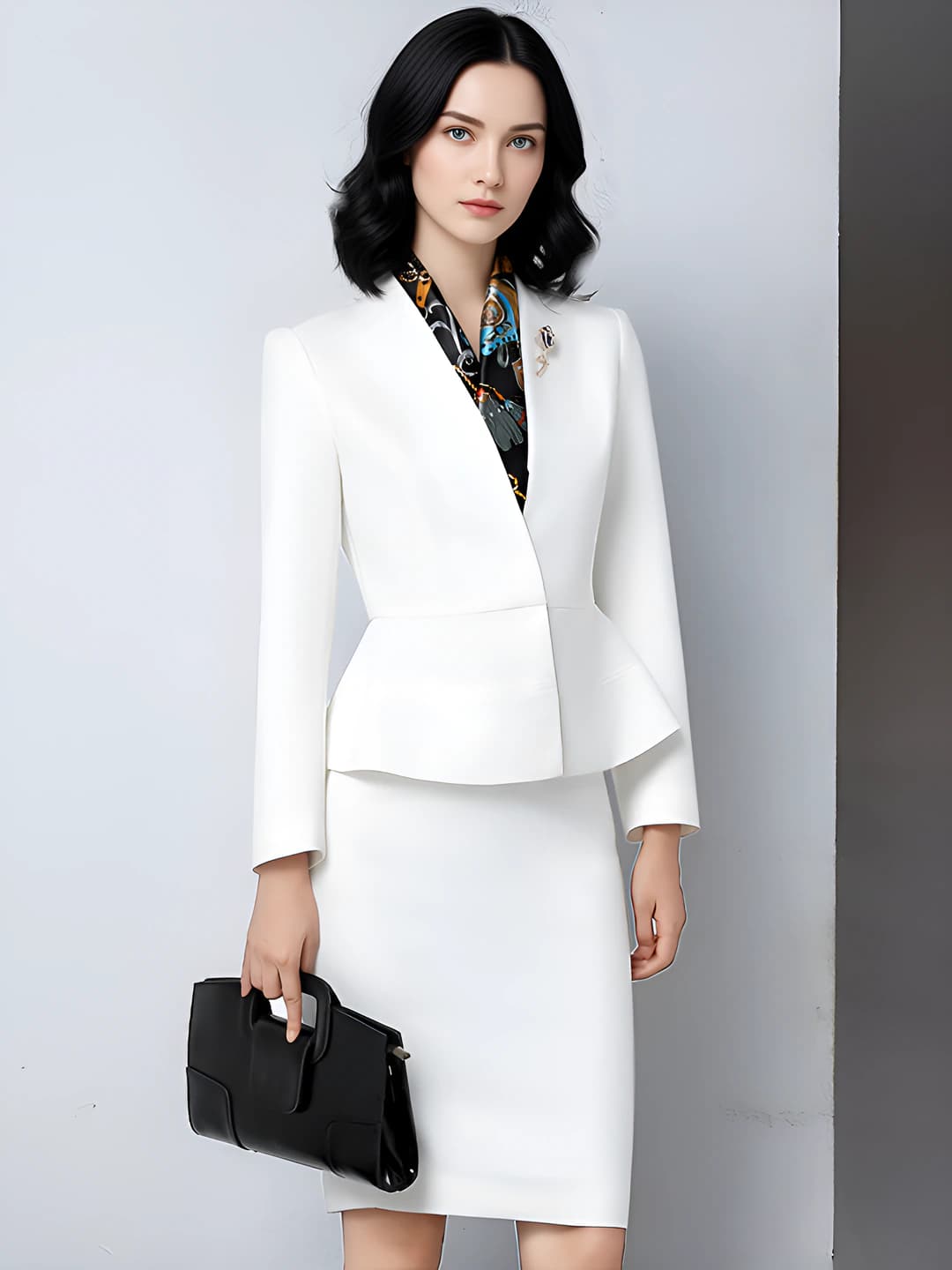 Women's suit with skirt, white, blazer and skirt set, long sleeve, spring-autumn, business style