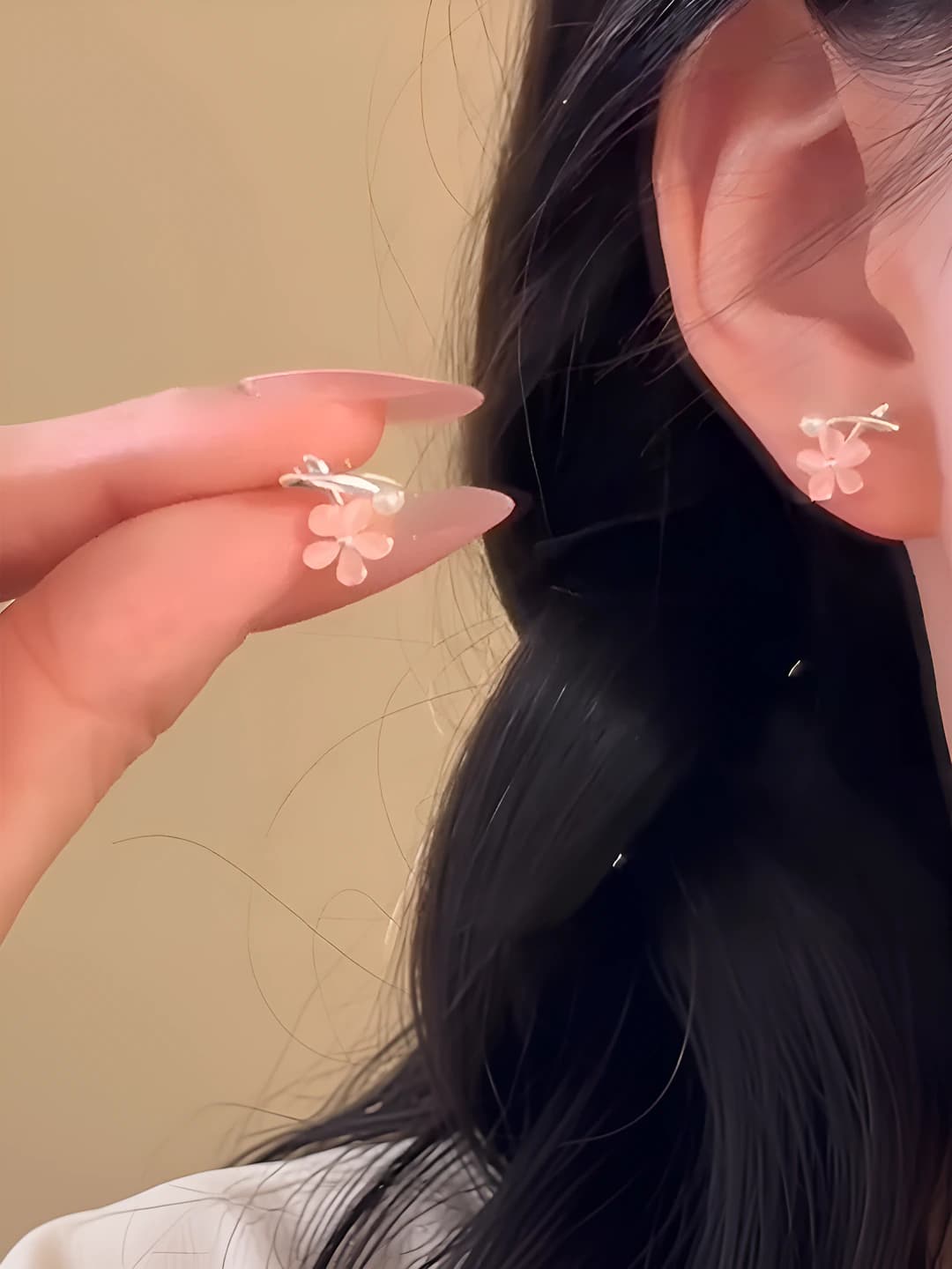 Women's flower stud earrings with pink cat's eye stone, spring-summer, sweet style