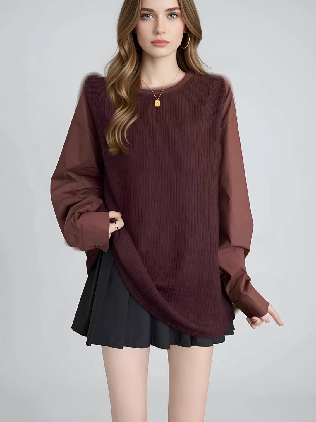 Women's plus size long sleeve sweatshirt, spring-autumn, solid colour, loose fit, crew neck, mid-length, casual style