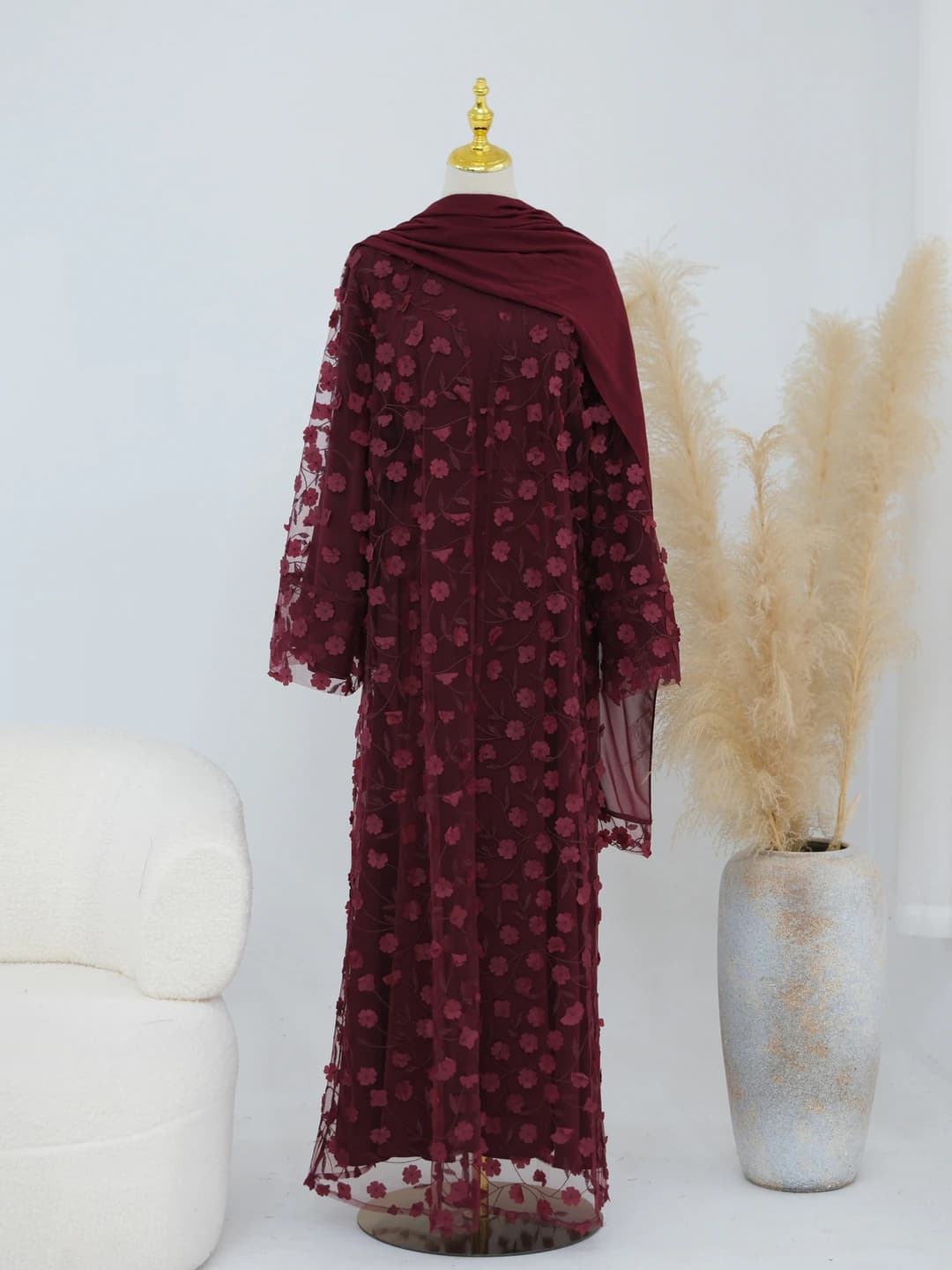 Wine Red Cardigan + Dress + Headscarf