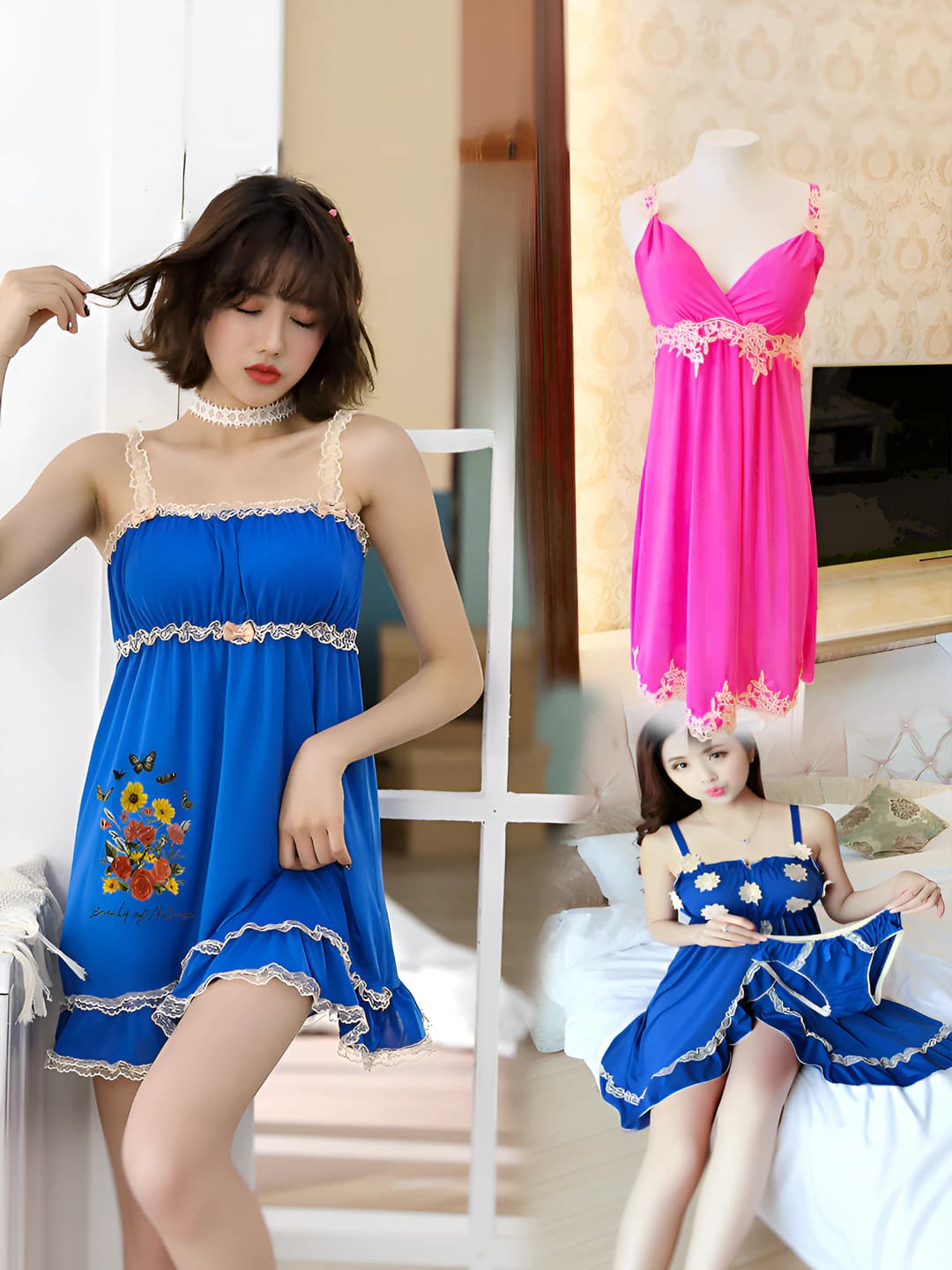 Women's summer lace nightgown, set with underwear and briefs, V-neck, sleeveless, stretch fabric, Korean style