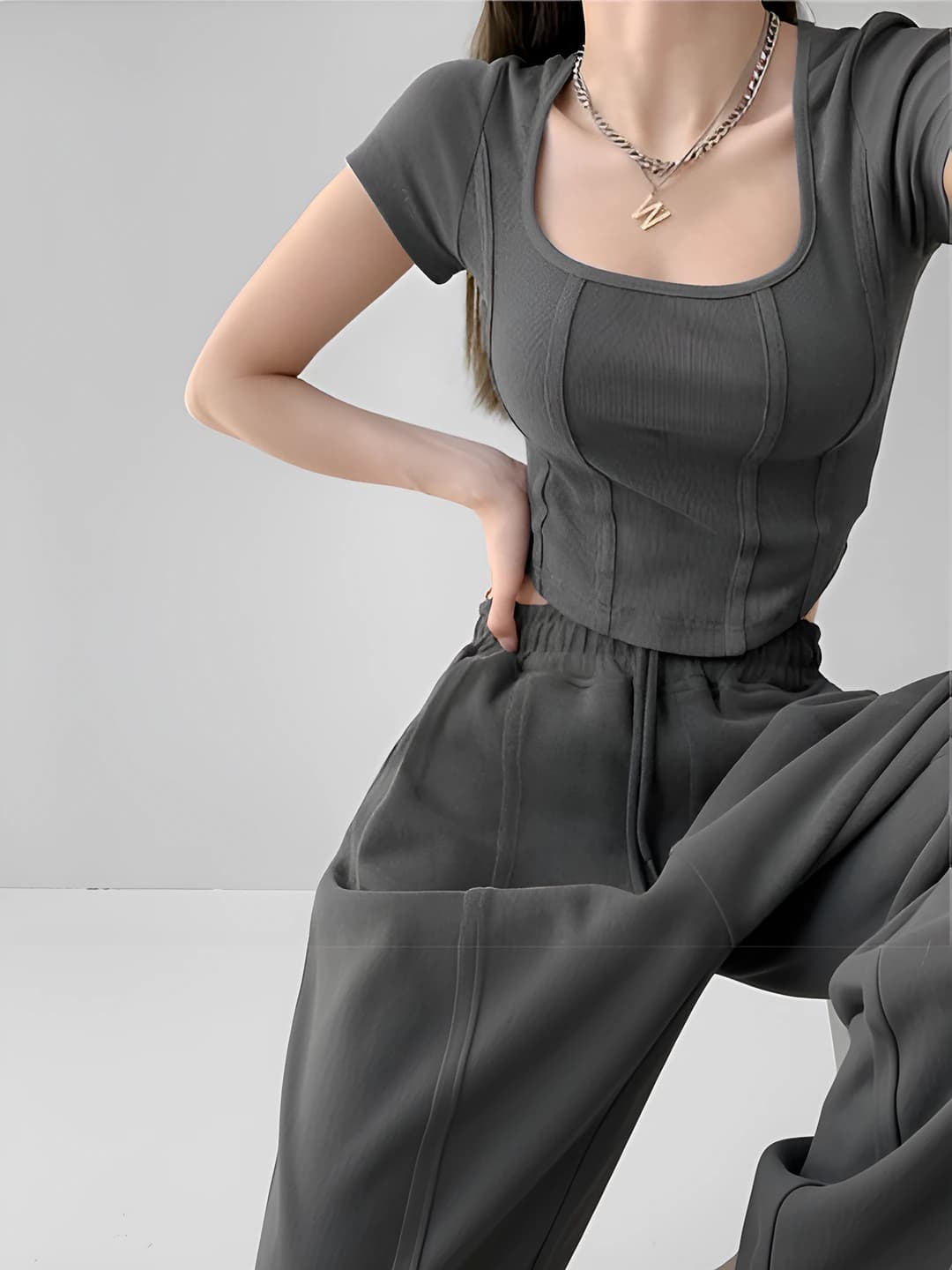 Women's retro short sleeve crop top, slim fit, U-neck, solid colour, non-iron, spring-summer