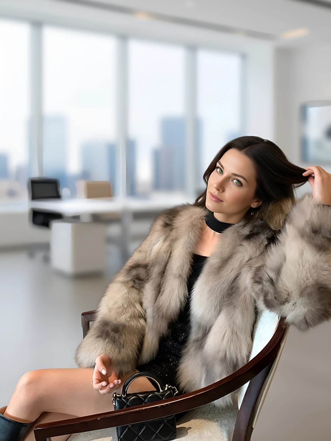 Women's faux fur coat, long sleeve, V-neck, polyester, British style