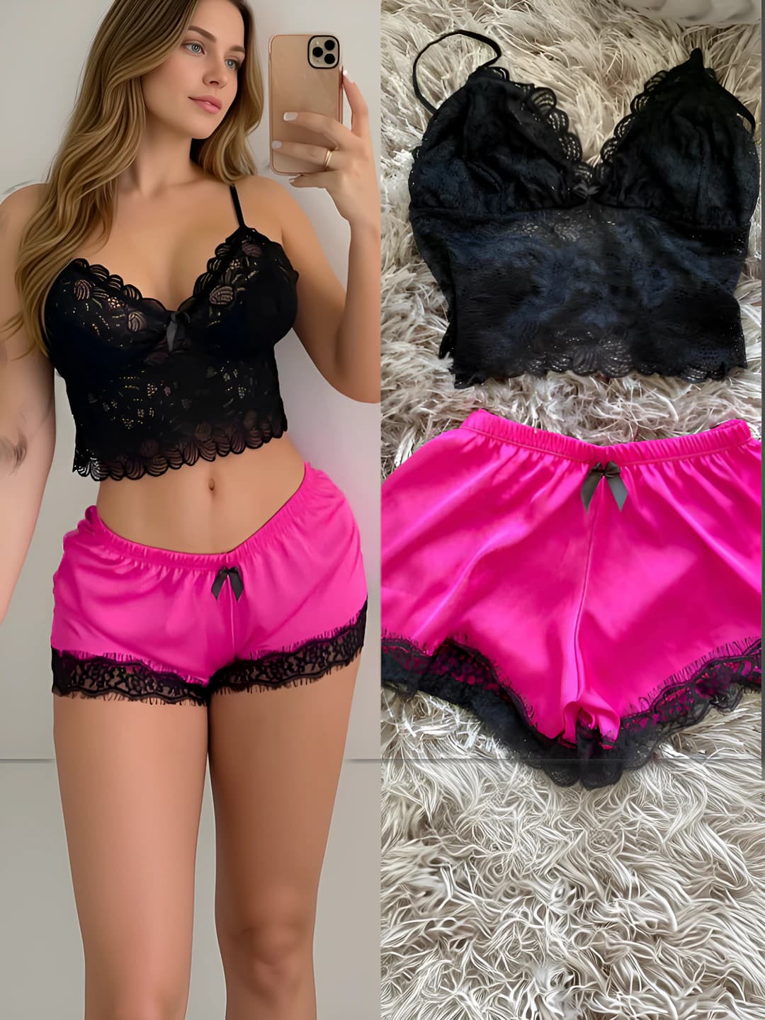 Women's lace underwear set: camisole and satin shorts, summer, ultra-thin, casual