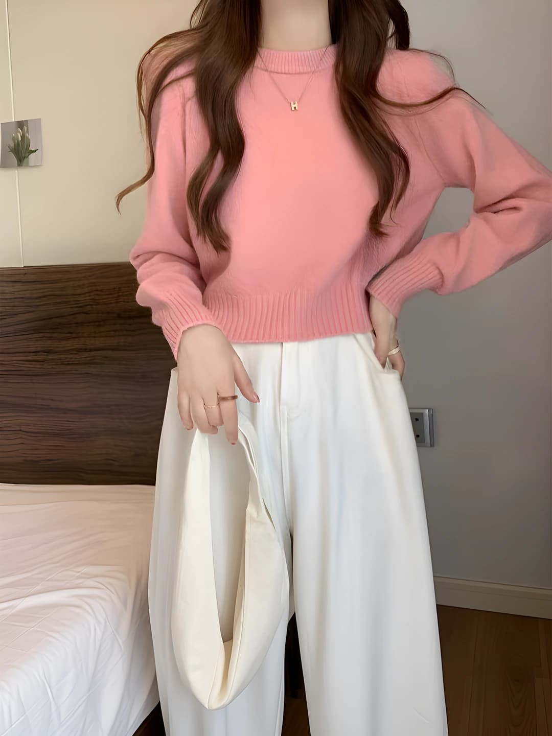 Women's 2026 autumn-winter soft sweater, solid colour, casual, cropped knit top, crew neck, long sleeve