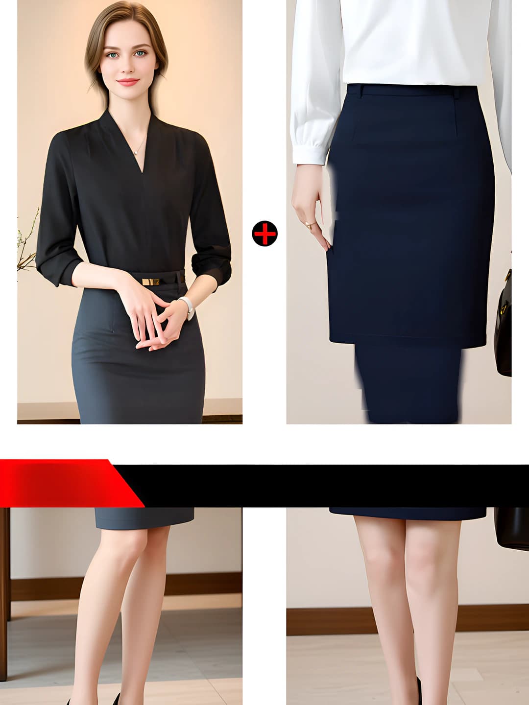 Black shirt + navy skirt