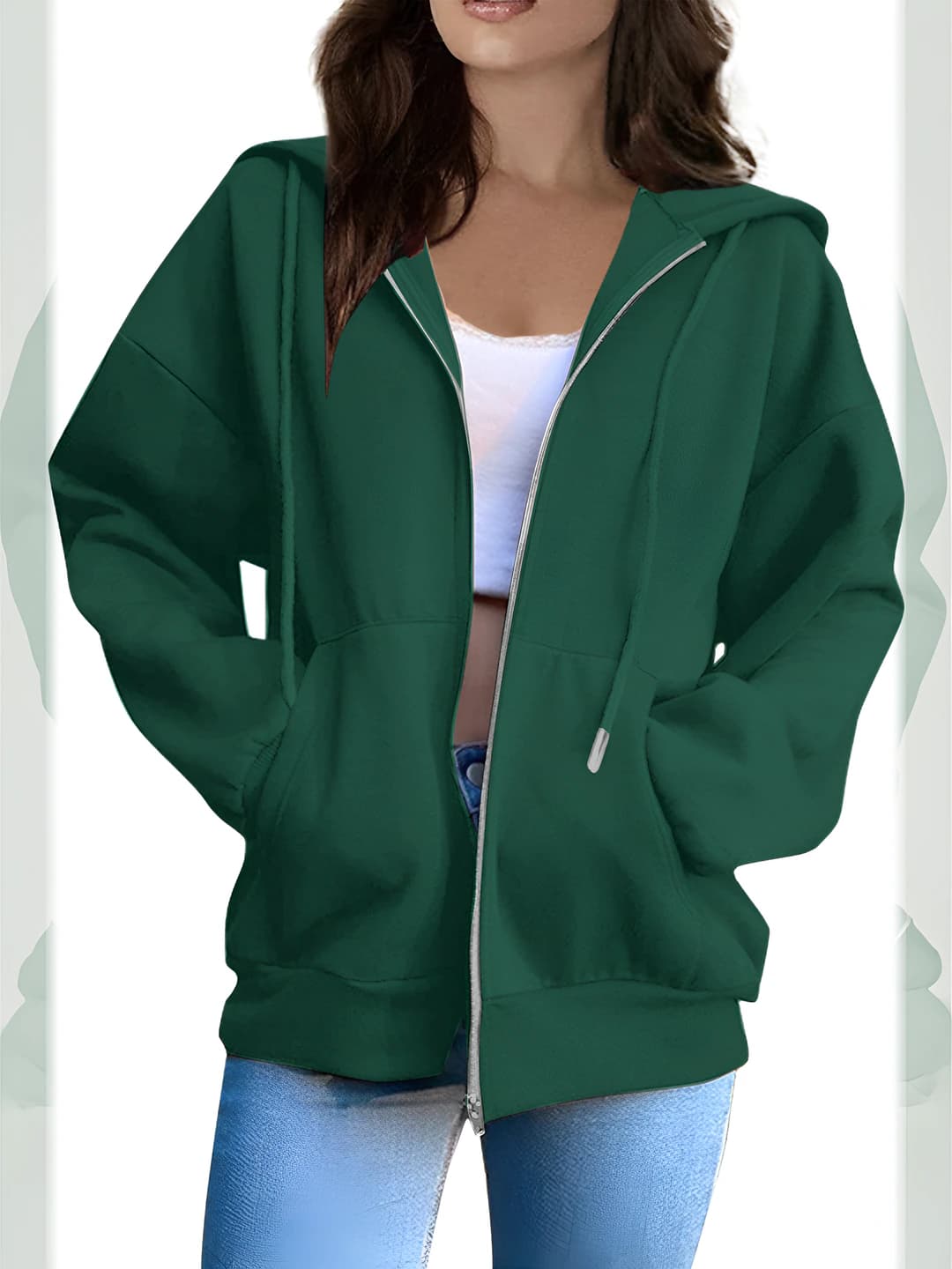 Women's plus size loose fit hooded sweatshirt, slim fit, slimming, zip closure, long sleeve, thick fabric, printed