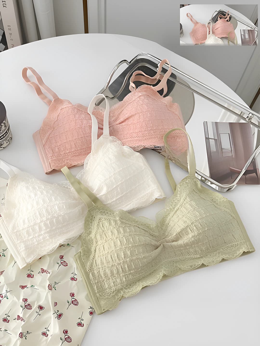 Women's French lace bra, for small bust, gathering, wire-free, side control, anti-sagging, lifting, breathable