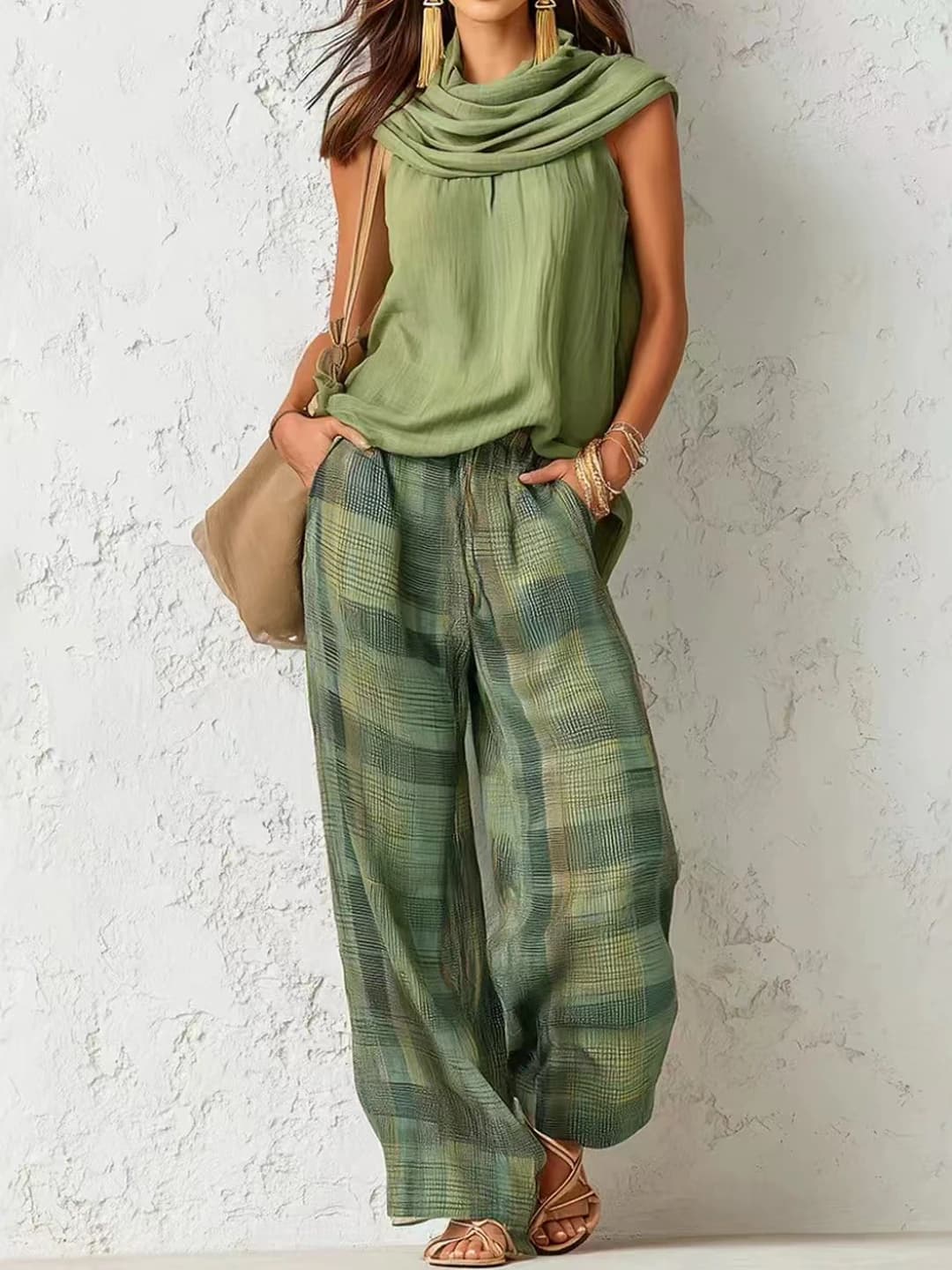 Women's casual two-piece set: sleeveless sweatshirt and checked trousers