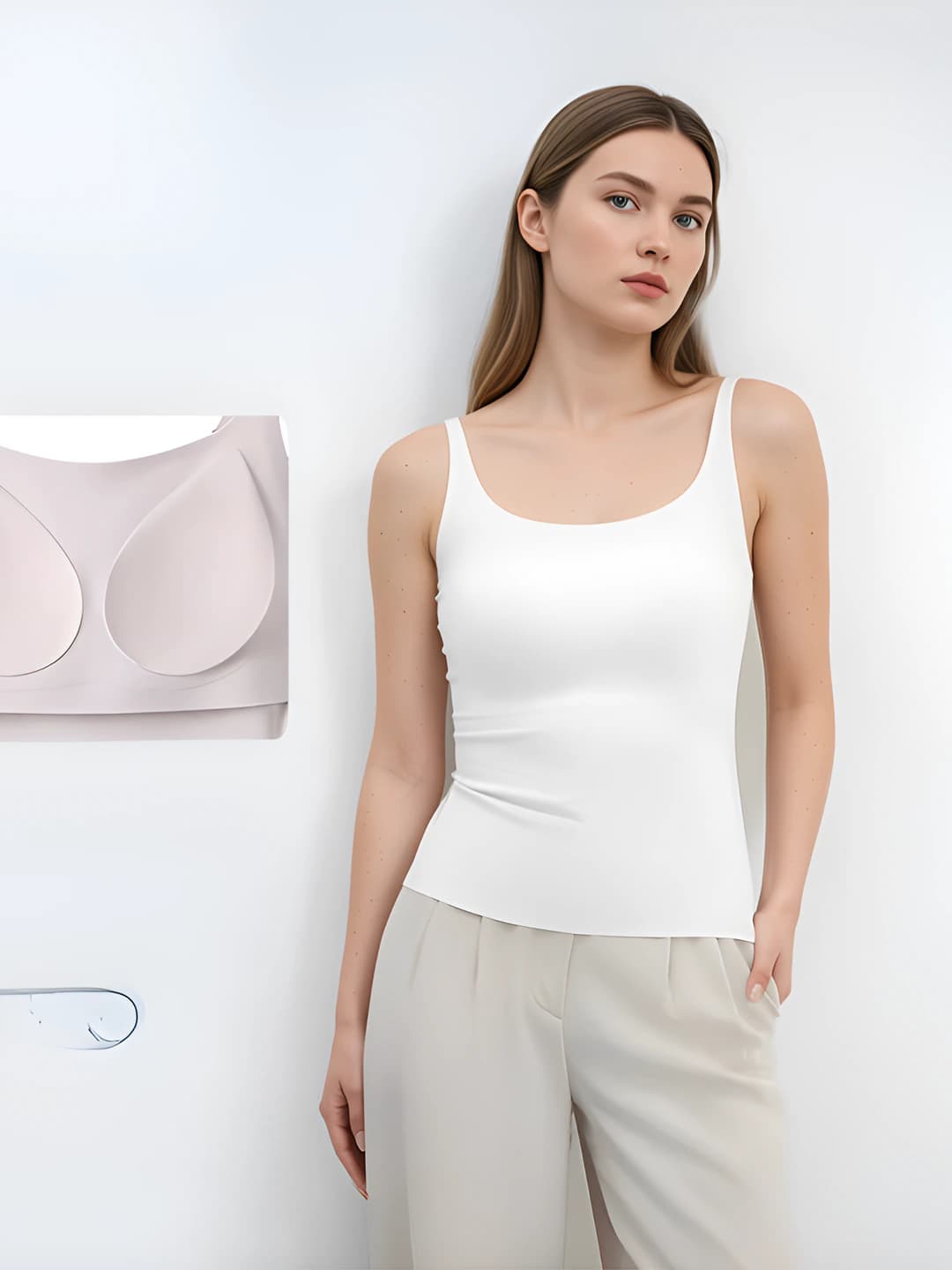 Women's camisole with built-in bra pads: breathable, antibacterial, solid colour, A-line fit, stretch